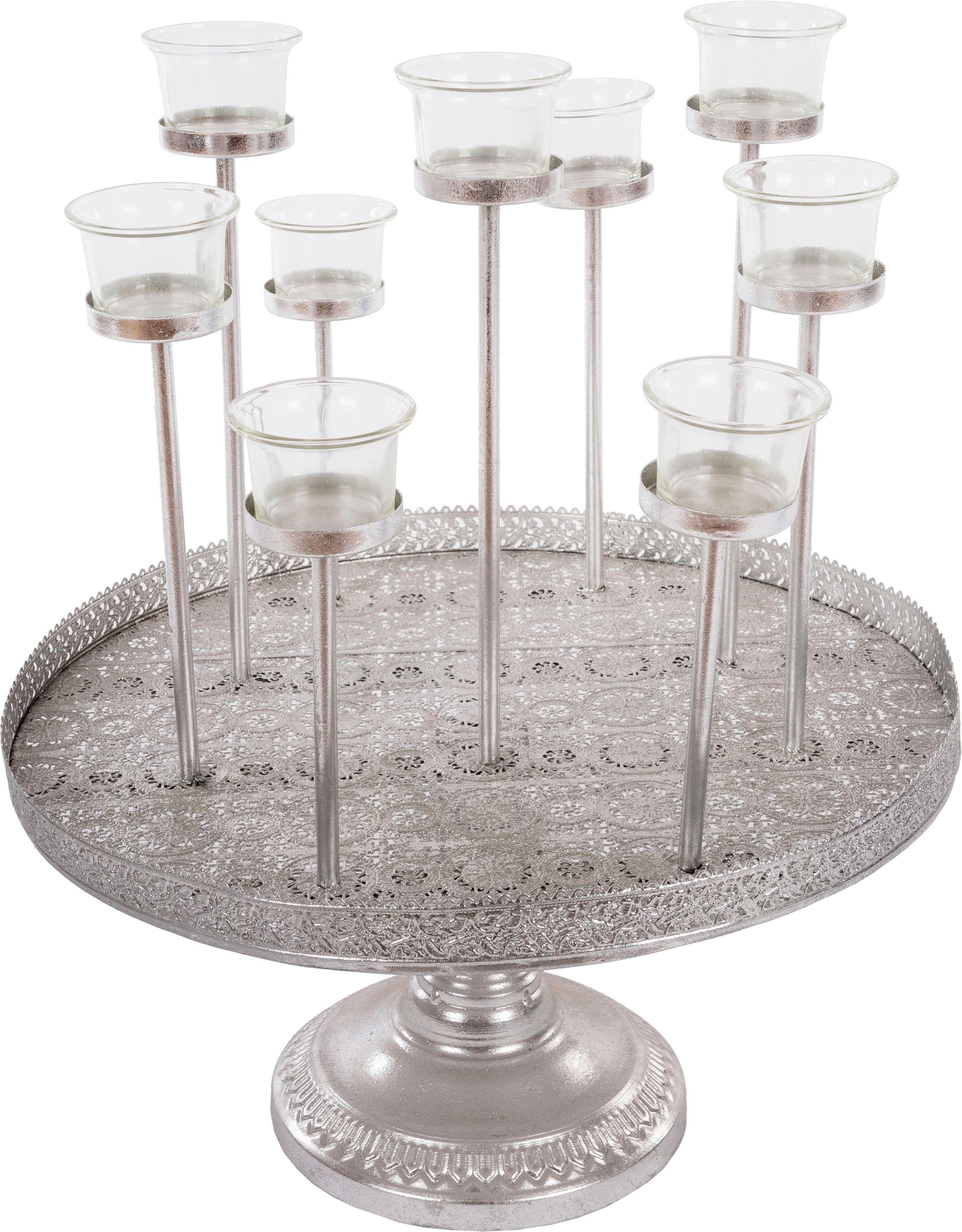 Myflair Möbel & Accessoires Tablett Muki, silber, Metall, Dekotablett rund, mit Fuß, Ø 40 cm, mit 8 Teelichthaltern, Wohnzimmer
