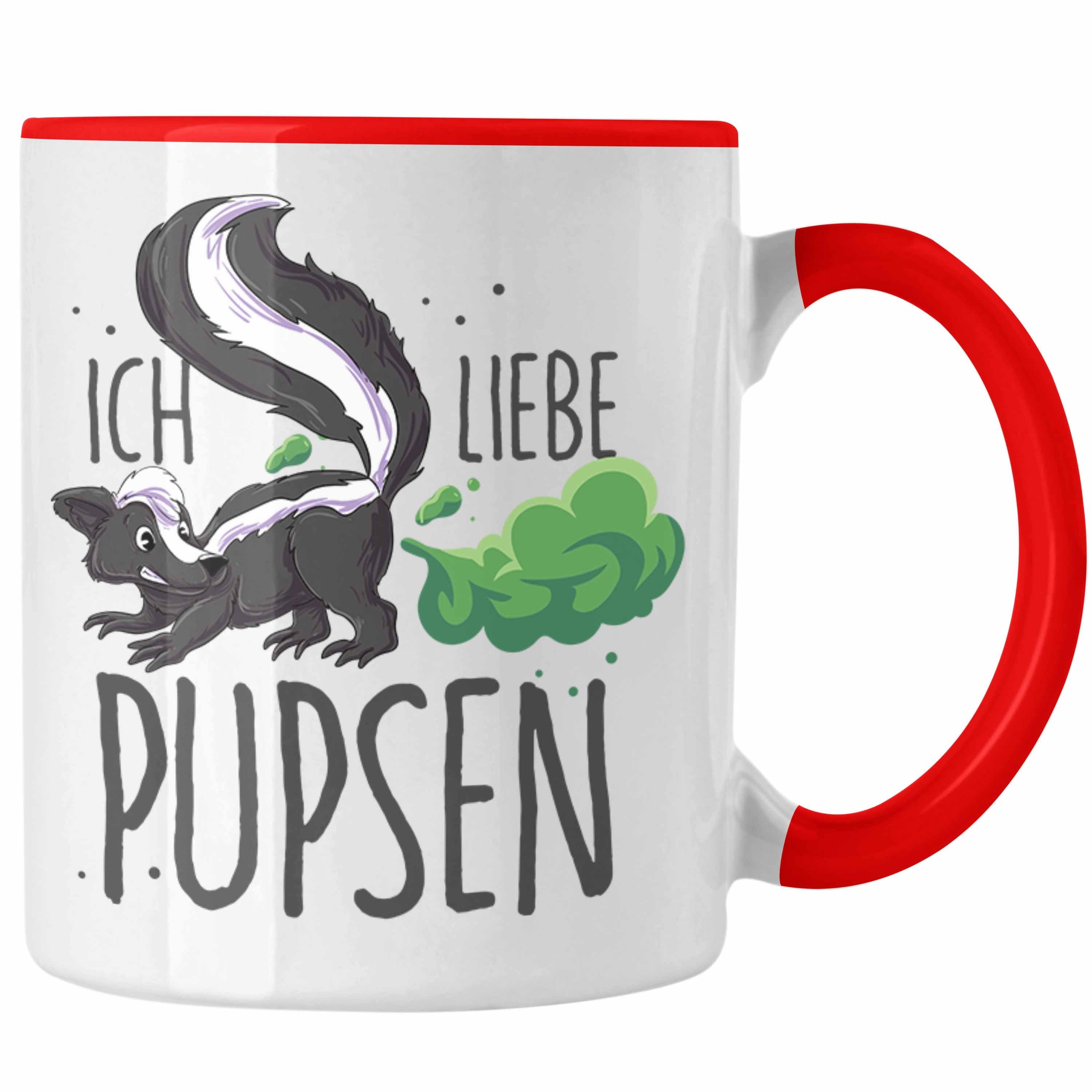 Trendation Tasse Lustige Tasse "Ich liebe Pupsen" mit Stinktier-Motiv Geschenkidee Gebu Rot
