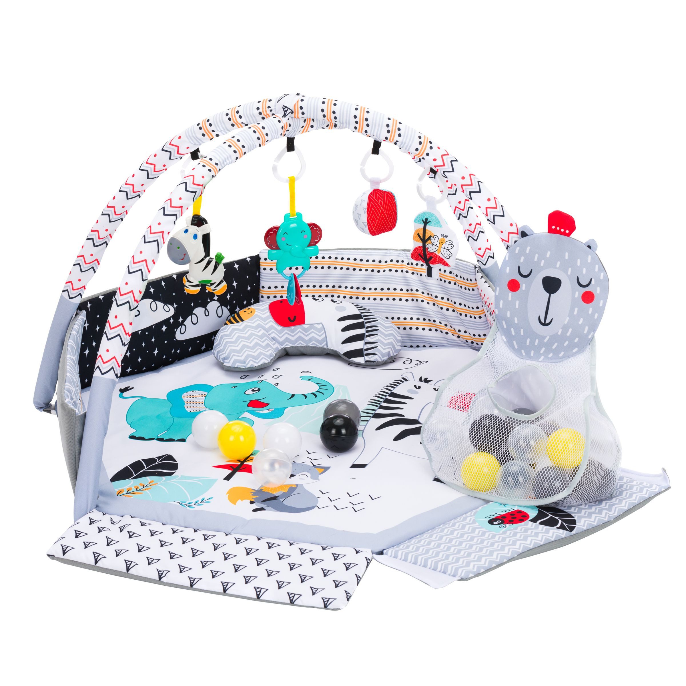 Krabbeldecke Aktivbogen Spielmatte mit Bälle Exklusiv, Fillikid, inkl. Nackenkissen, 30 Bälle und Ballnetz, bunt, 120 x 120 x 55 cm