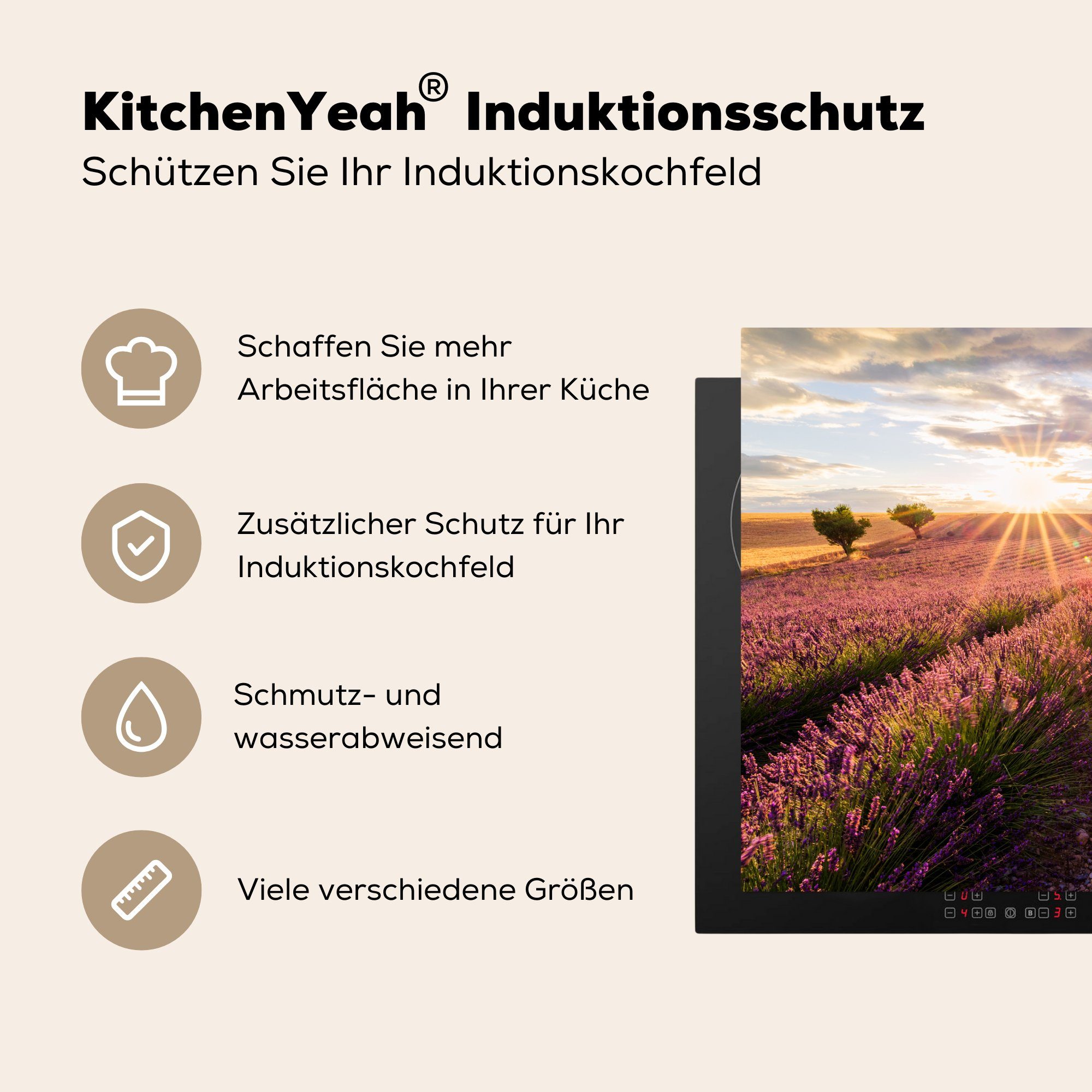 Vinyl, Sonne die (1 ein Lavendelfeld Herdblende-/Abdeckplatte in 71x52 Schutz Die für Induktionskochfeld cm, MuchoWow auf tlg), Ceranfeldabdeckung Südfrankreich, scheint küche,