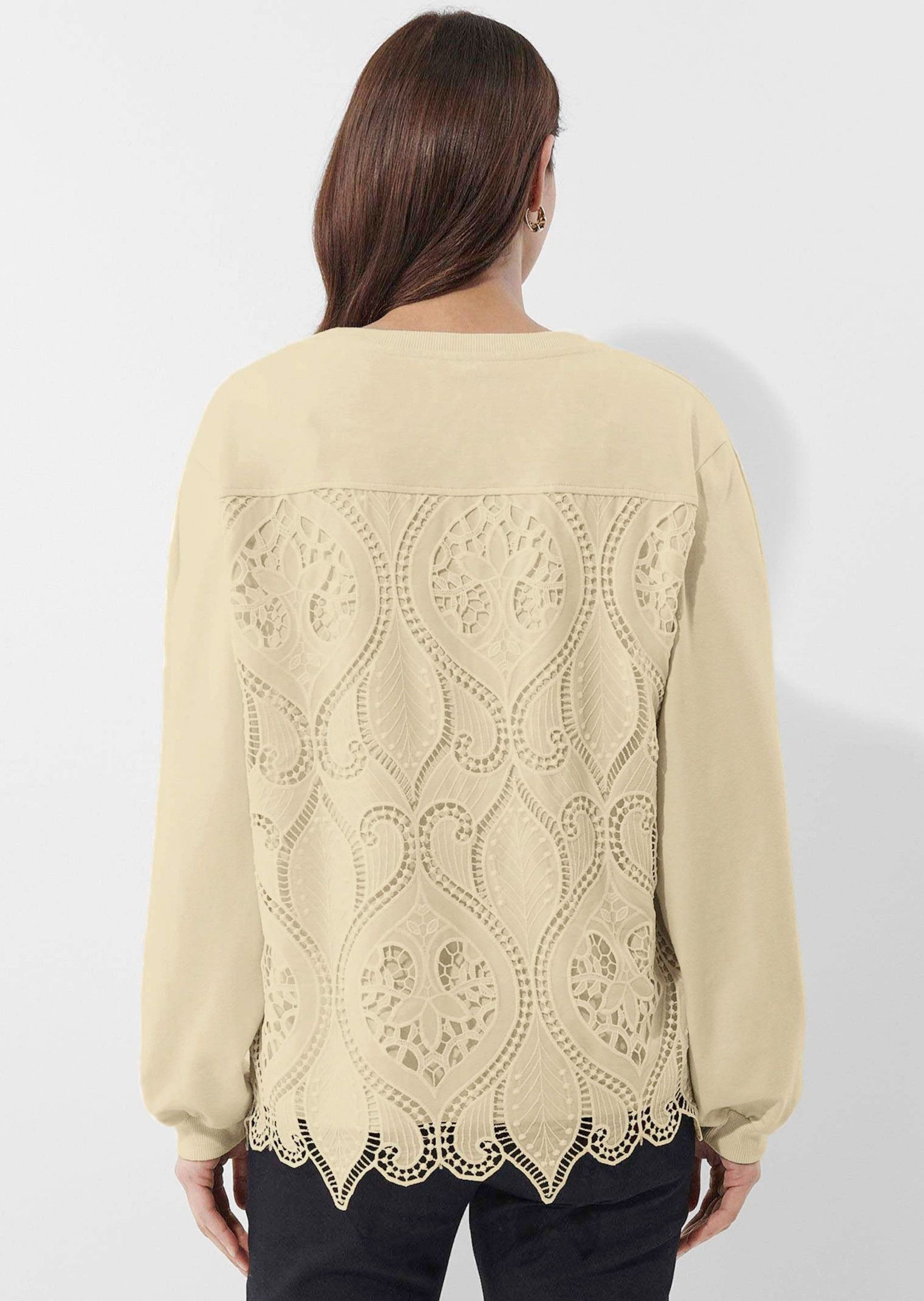 Alba Moda Strickpullover Edler Pullover mit Spitzeneinsatz Florale Spitze, runder Ausschnitt, ohne Verschluss