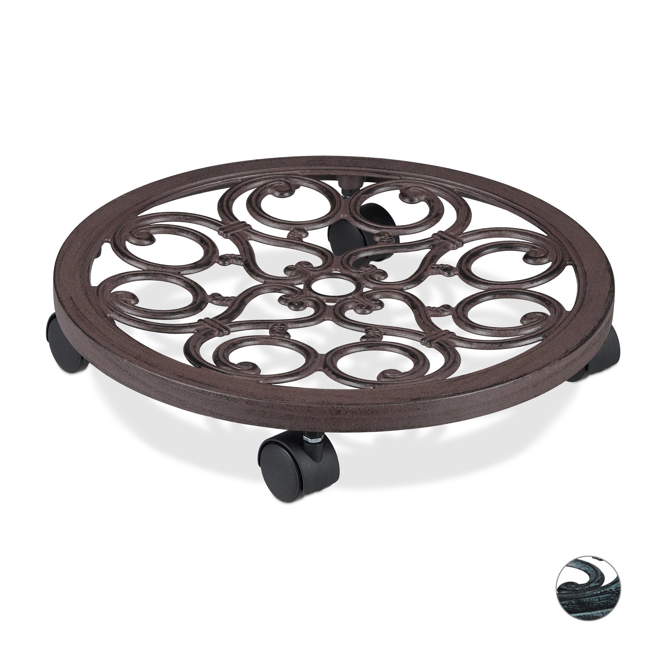 relaxdays Blumentopfuntersetzer Pflanzenroller rund antik, Braun günstig online kaufen