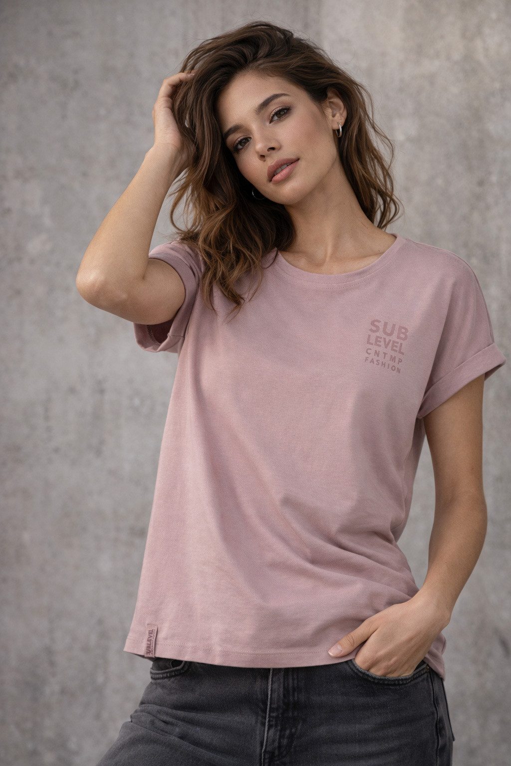 SUBLEVEL T-Shirt Damen Shirt Turn-Up Ärmel Weiches Basic Shirt Rundhals Kurzarm Baunwolle Modal Mix, super soft, unifarben, markenlogo