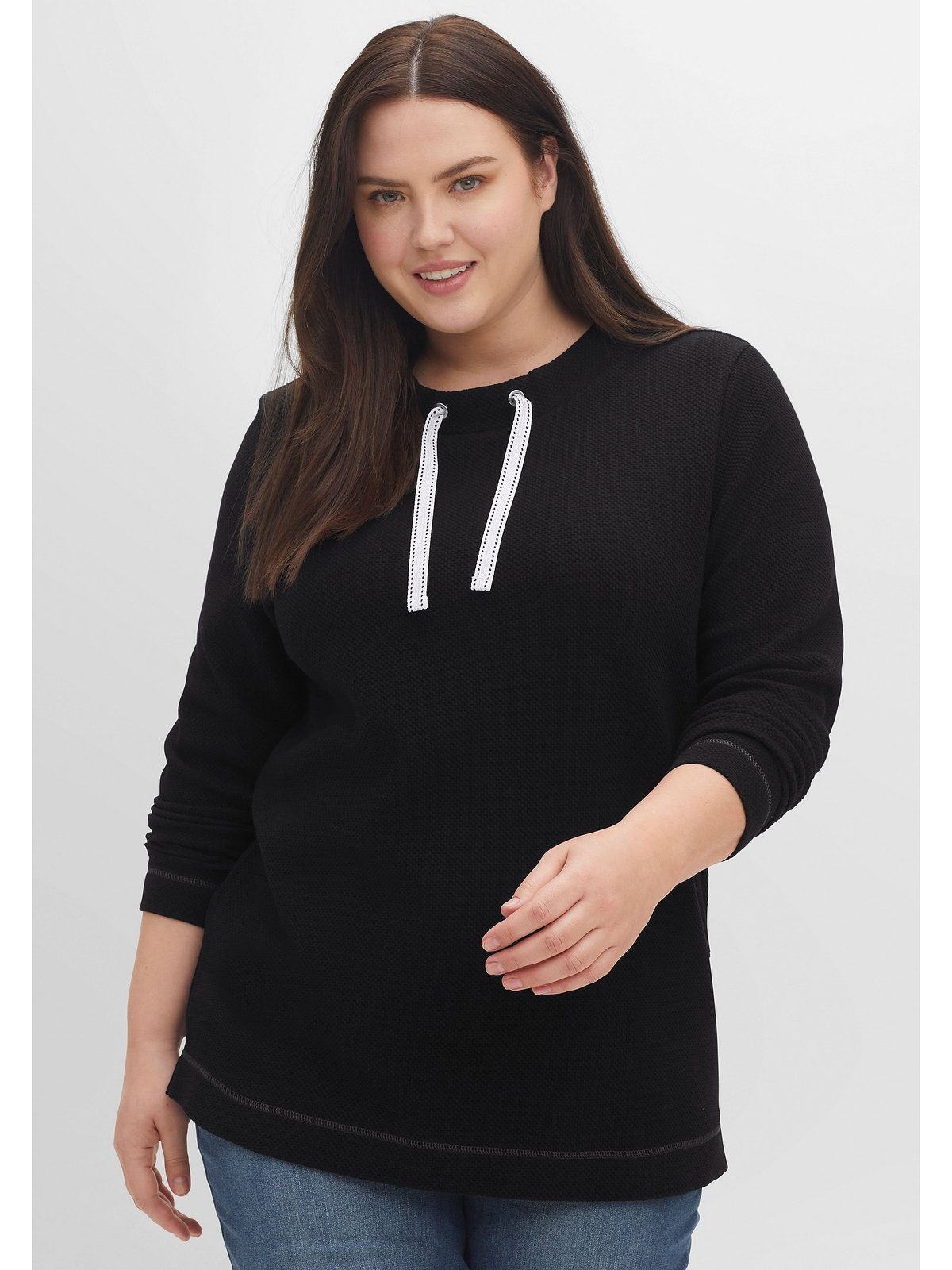 Sheego Sweatshirt Große Größen aus Waffelpiqué, Tunnelzug am Ausschnitt schwarz
