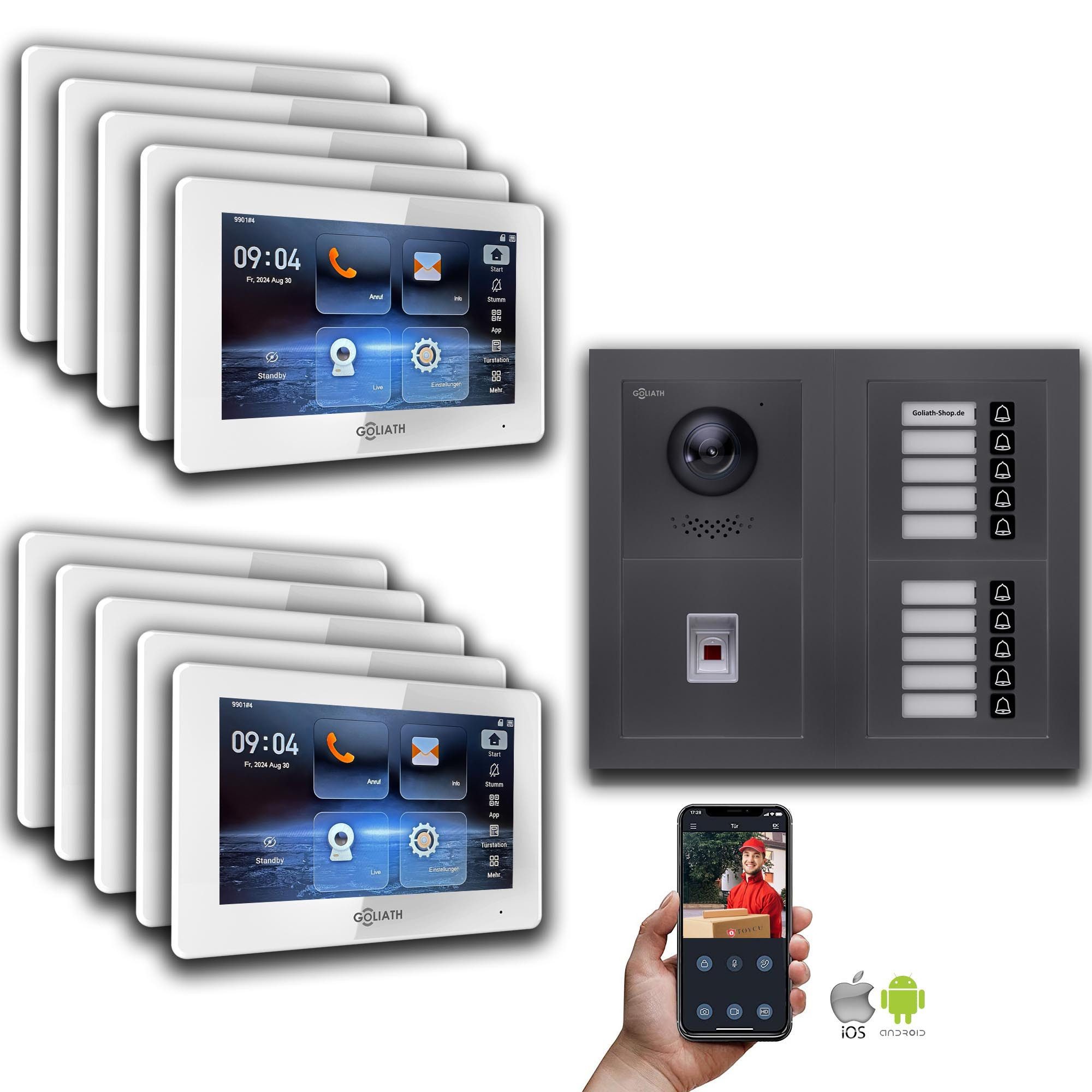 Goliath Intercom Video-Türsprechanlage Goliath IP Video Türsprechanlage: 7-Zoll 10 Familienhaus, Fingerprint, (Privat oder Gewerblich)