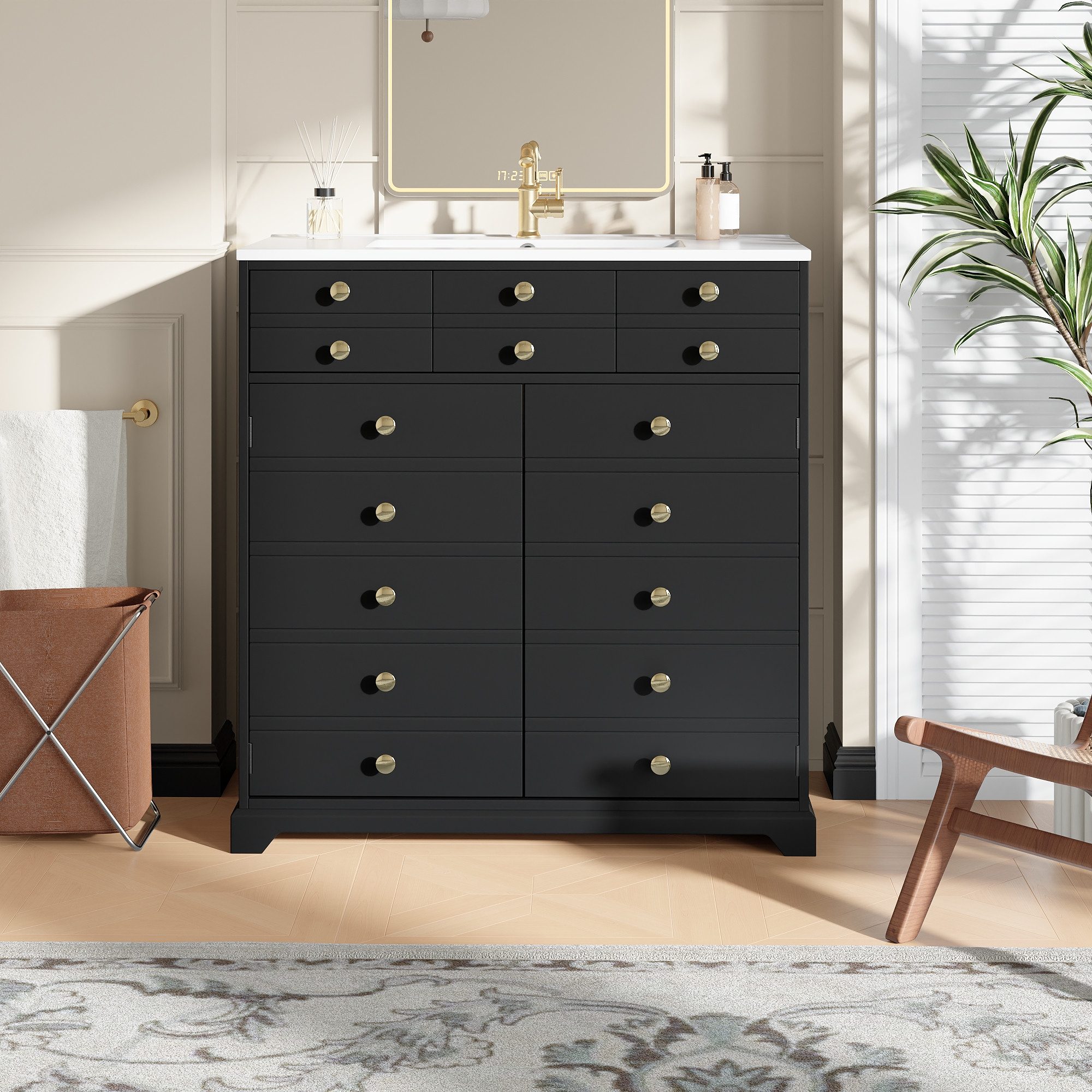 Flieks Waschtisch mit 2 Schubladen, Türablagen und verstellbarer Einlegeböden (B91,6/T47/H86,5 cm, 1-St., bodenstehend, Badzimmerschrank & Keramikbecken), Waschbeckenunterschrank inkl. Waschbecken Badmöbel-Set Schwarz