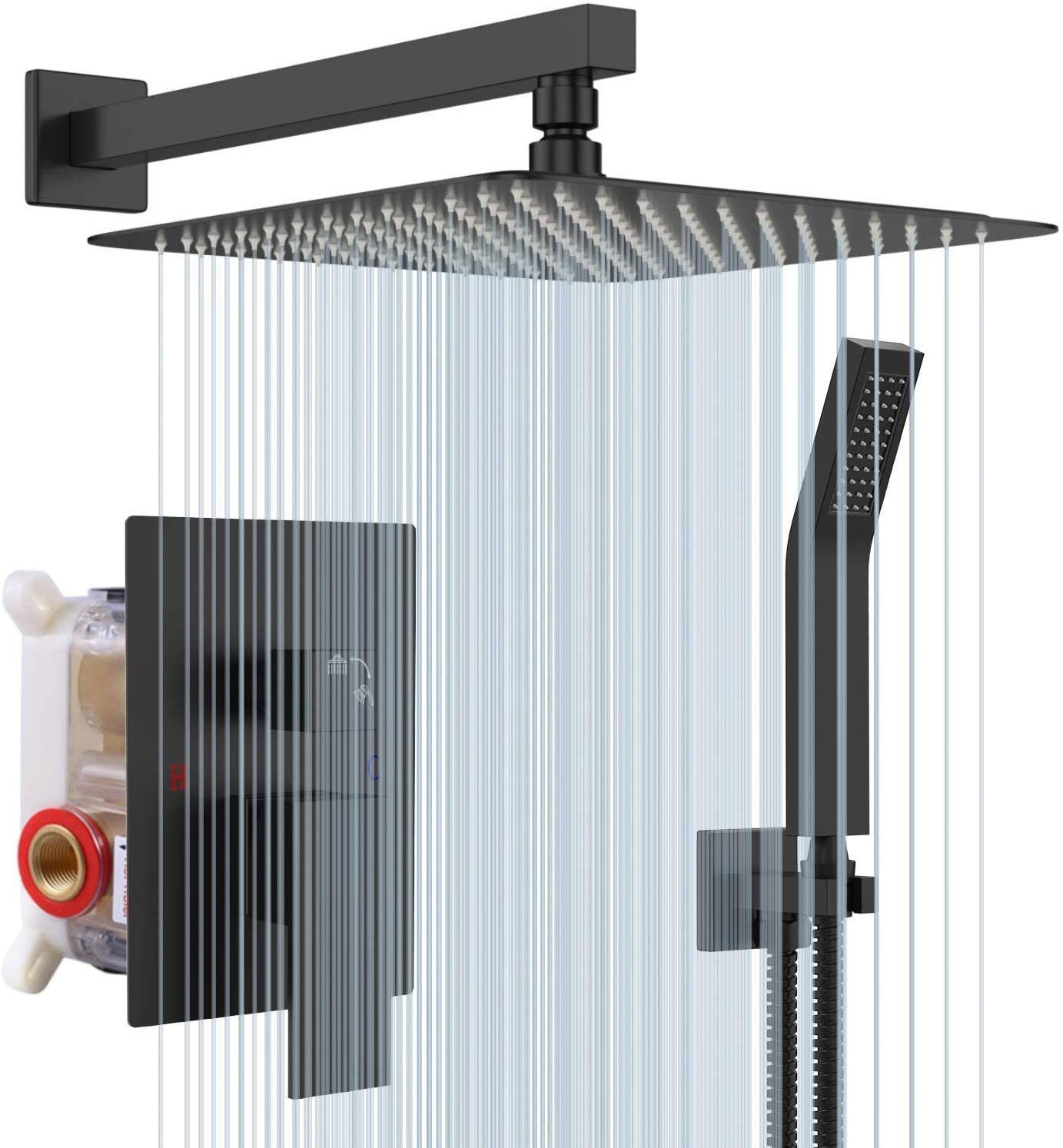 Rainsworth Duschsystem Picobello, Höhe 40 cm, 3 Strahlart(en), Komplett-Set, 9 tlg., Matt Schwarz Unterputz Duschsystem- Hochmoderne Air Injection-Technologie - 25 * 25CM Quadratischer Regenduschkopf - Messing und Edelstahl Unterputz Duscharmatur Set