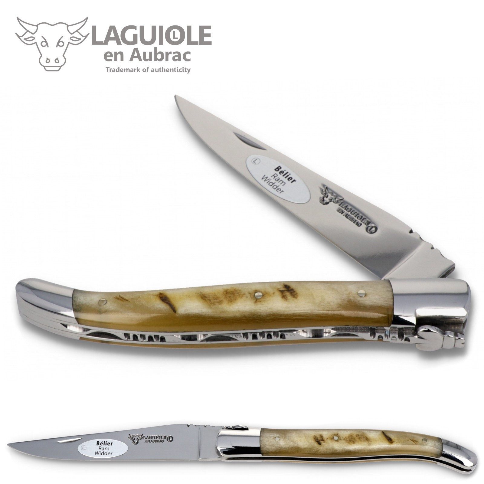 Laguiole en Aubrac Taschenmesser L0212BEIF, Griff 12cm Widderhorn - Feder verziert - Klinge Backen Stahl glänzend