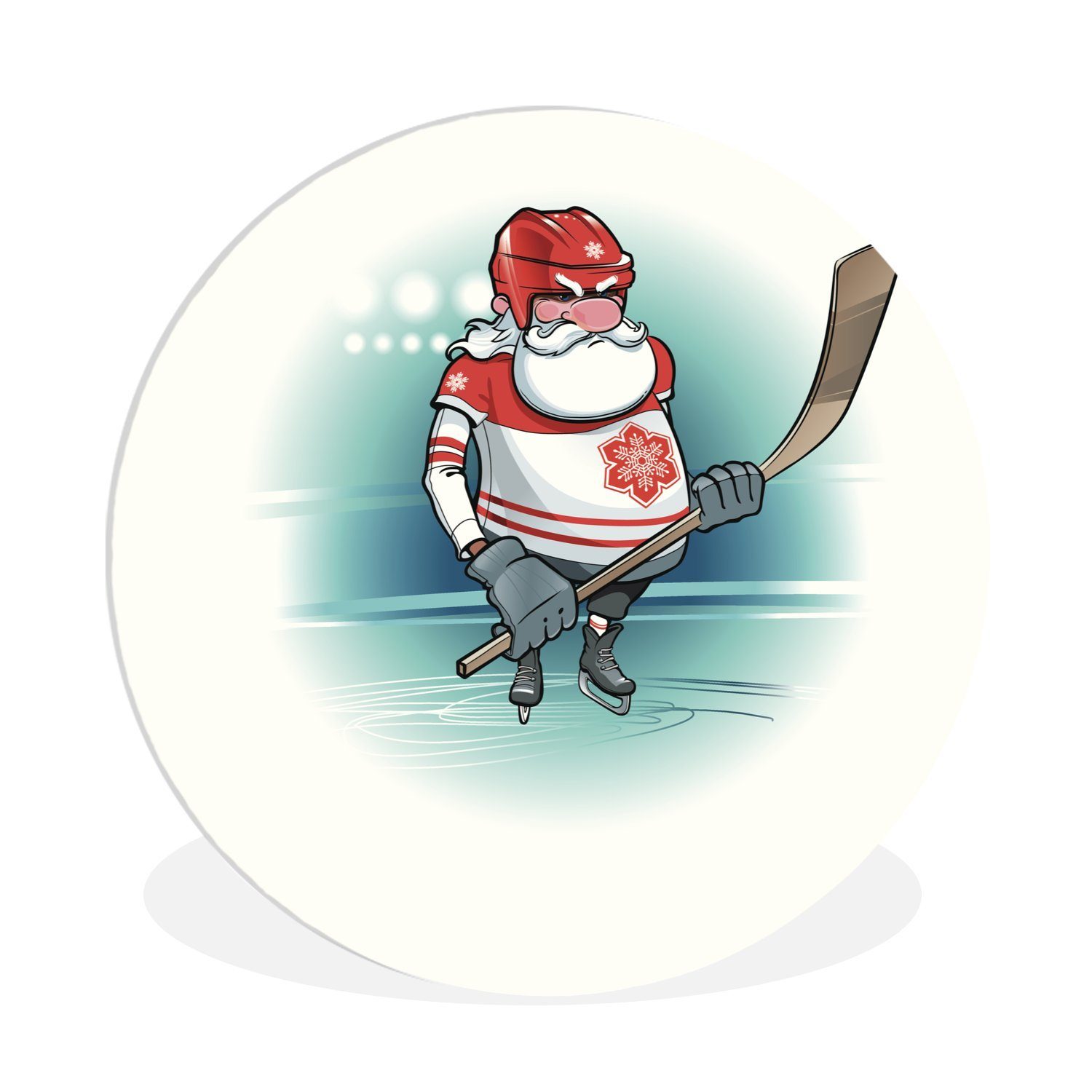 MuchoWow Gemälde Der Weihnachtsmann spielt Eishockey in einer Illustration, (1 St), Kreis Wanddekoration Forex, Rundes Wandbild, Wohnzimmer, 30x30 cm