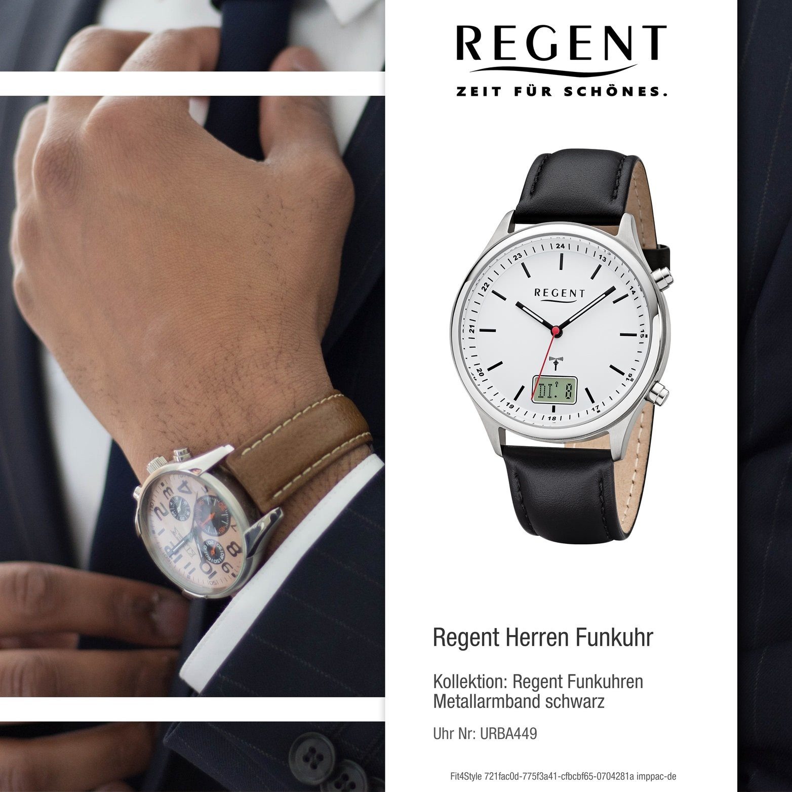 Regent BA-449, 40mm) (ca. Herrenuhr Herren Uhr schwarz, Lederarmband Analog-Digital Gehäuse, Funkuhr groß Regent rundes