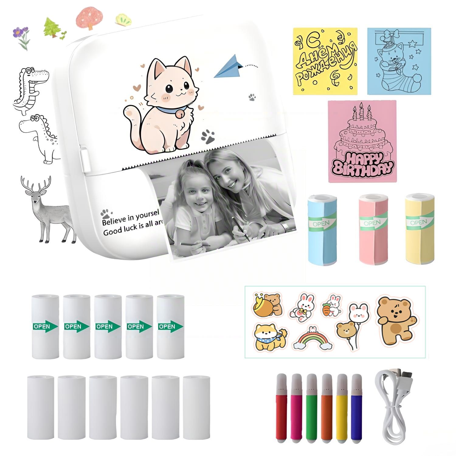 Toomoke Mini Thermodrucker,Bluetooth Etikettendrucker, Fotodrucker Etikettendrucker, (für iOS/Android, Tragbarer Aufkleber Drucker mit 14 Rollen Papier und 6 Bunte)