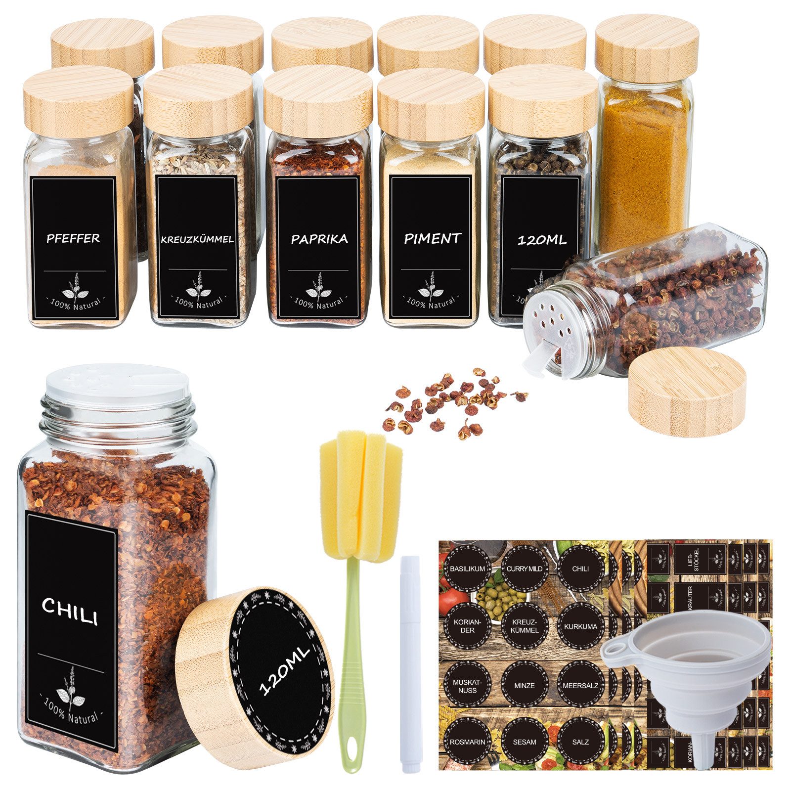 FIVMEN Gewürzstreuer Gewürzgläser Eckig Set mit Deckel Gewürz Organizer Gewürzbehälter, (12-tlg), mit Trichter, Leeren Aufklebern, Reinigungsbürste, Sieben, 120ml