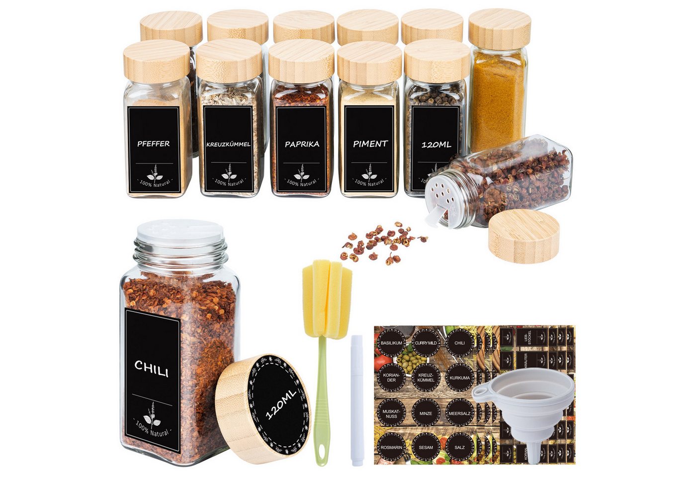 FIVMEN Gewürzstreuer Gewürzgläser Eckig Set mit Deckel Gewürz Organizer Gewürzbehälter, (12-tlg), mit Trichter, Leeren Aufklebern, Reinigungsbürste, Sieben, 120ml