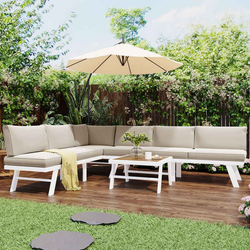 Flieks Gartenlounge-Set, (3-tlg), 6-Sitzer Gartenmöbel Sofagarnitur aus Aluminium, 2 Sofas und 1 Tisch