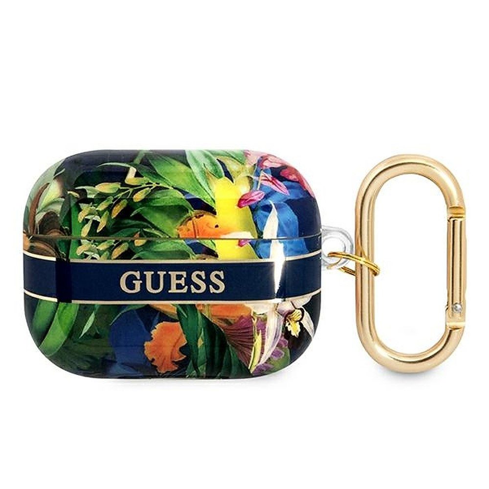 Guess Kopfhörer-Schutzhülle Schutzetui Ladeschalenhülle Kopfhörertasche, Blumenmotiv, TPU, Karabinerring, für AirPods Pro