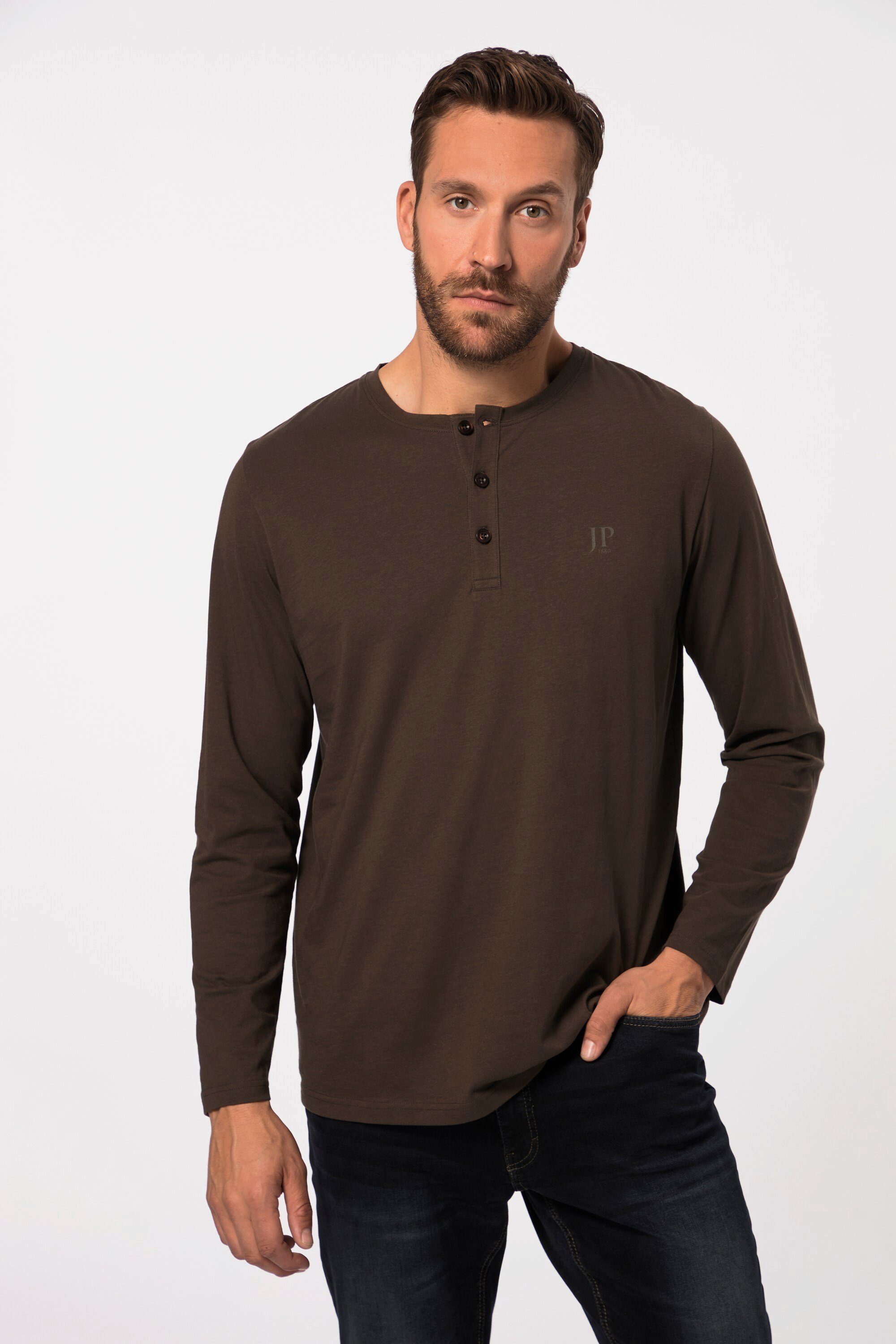 Shirt Basic 8XL Knopfleiste T-Shirt haselnuss Langarm JP1880 Henley bis