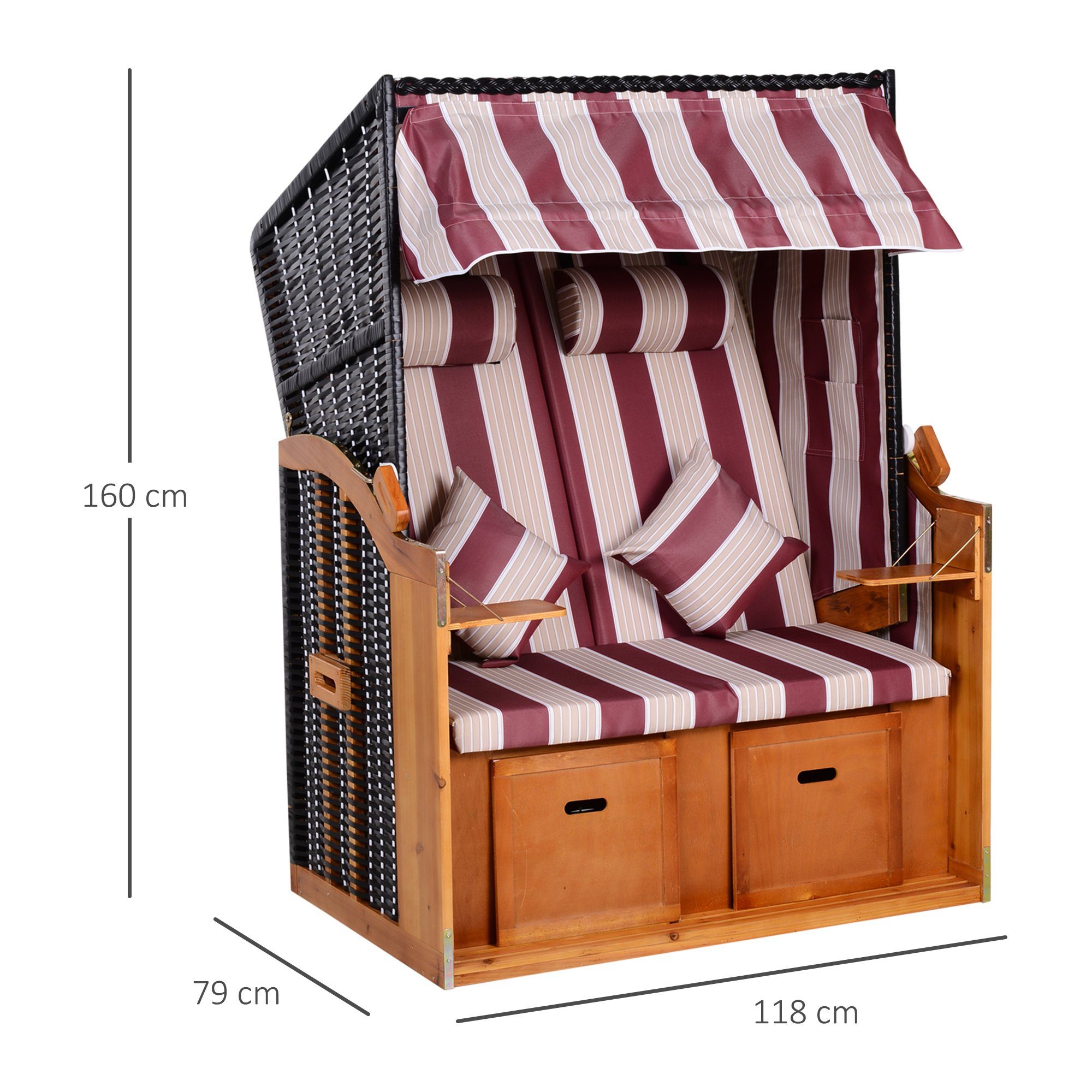 Outsunny Strandkorb Doppelte Sonnenliege mit Dach und Getränkehaltern 5-stufige, BxTxH: 118x79x160 cm, Halblieger, 867-059GY, (Sonnenliege, 1-tlg., Doppelte Sonnenliege), 2-Sitzer