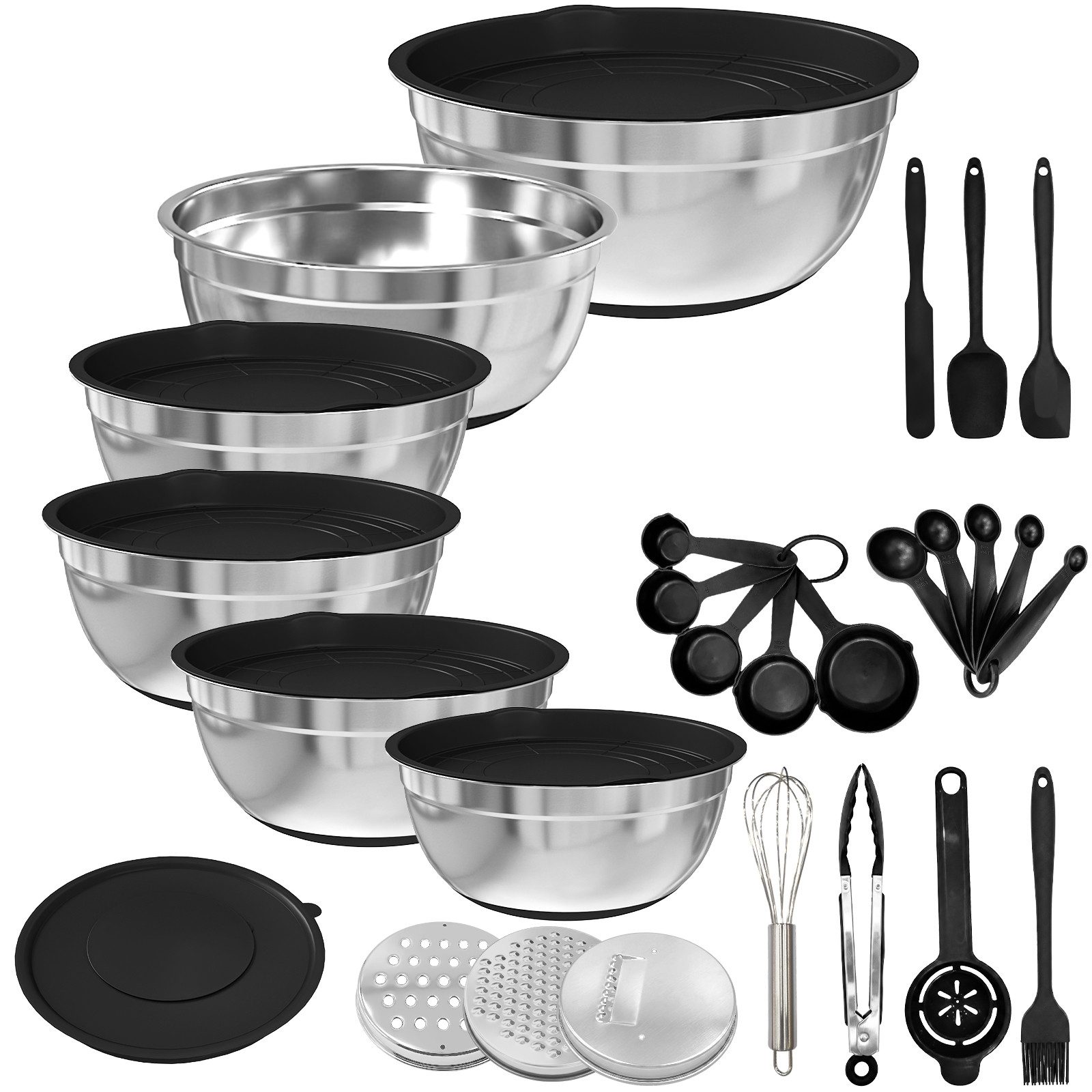 PFCTART Rührschüssel Rührschüssel Set Edelstahl mit Deckel, 6-teilig, Salatschüsseln, 4-Lagen-Latexkern, platzsparend, knickfrei auslaufsicher, (Set, 32-tlg), Mit 3 Reibeaufsätzen, luftdichten Deckeln & Küchenzubehör
