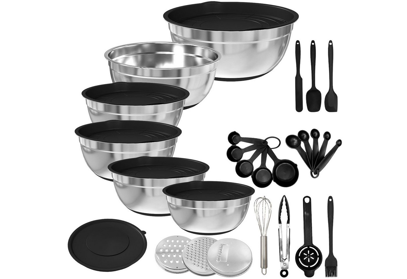 PFCTART Rührschüssel Rührschüssel Set Edelstahl mit Deckel, 6-teilig, Salatschüsseln, 4-Lagen-Latexkern, platzsparend, knickfrei auslaufsicher, (Set, 32-tlg), Mit 3 Reibeaufsätzen, luftdichten Deckeln & Küchenzubehör