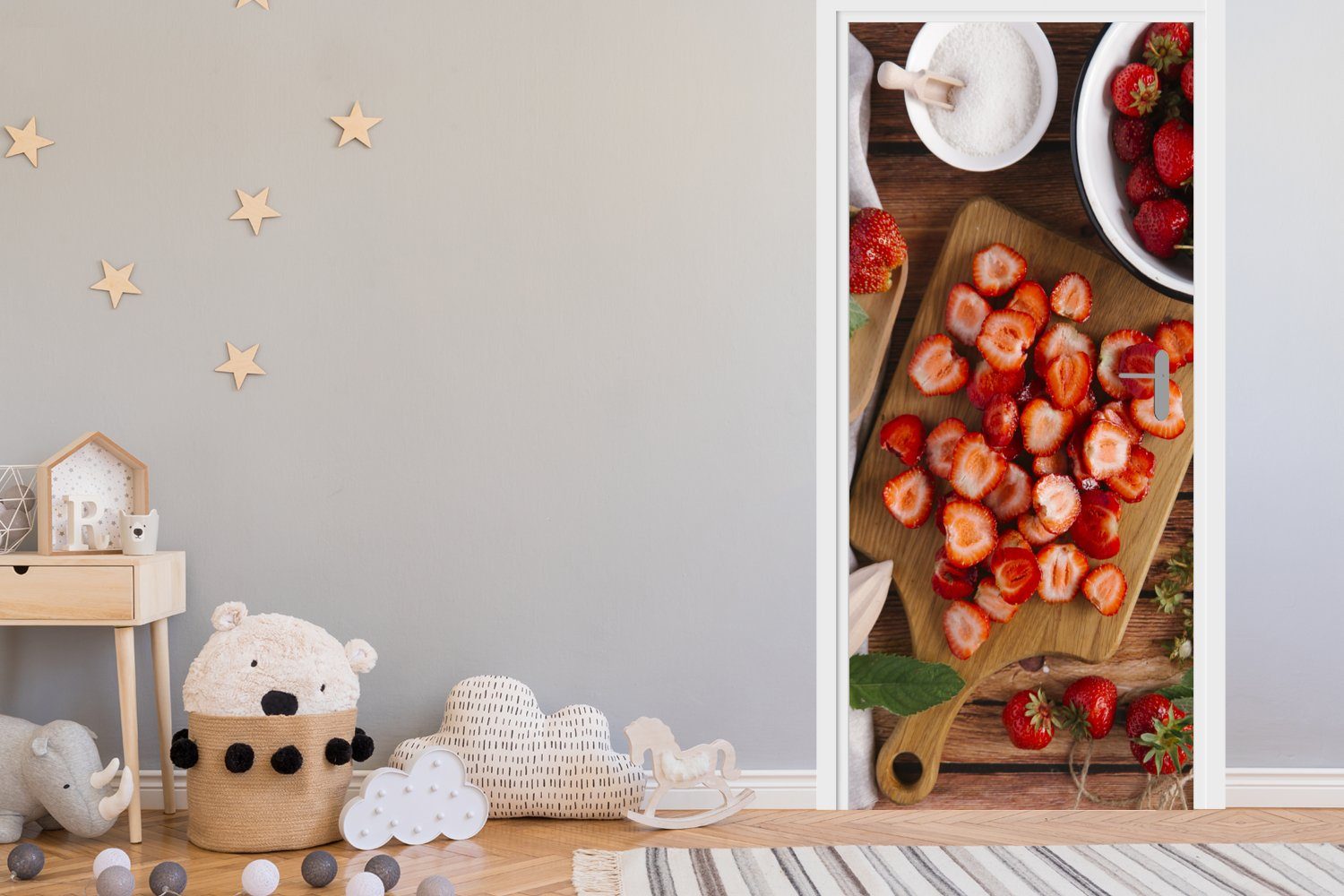 Schneidebrett, für auf Erdbeeren Fototapete Türtapete bedruckt, (1 St), MuchoWow Tür, Türaufkleber, Matt, 75x205 cm einem