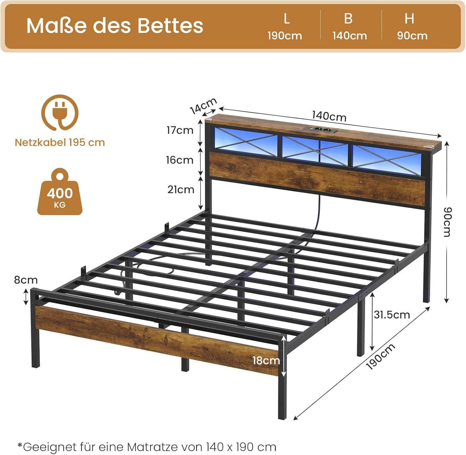 MSMASK Metallbett Bettgestell mit LED Beleuchtung und Steckdose USB-Anschlüsse (Ohne Matratze), Jugendbett, Doppelbett 140 x 190 cm