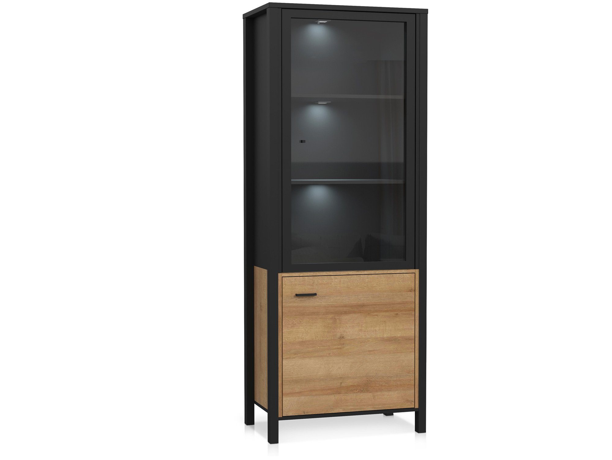 Moebel-Eins Vitrine HAVANO Vitrine schmal, Material Dekorspanplatte, Riviera Eichefarbig/schwarz