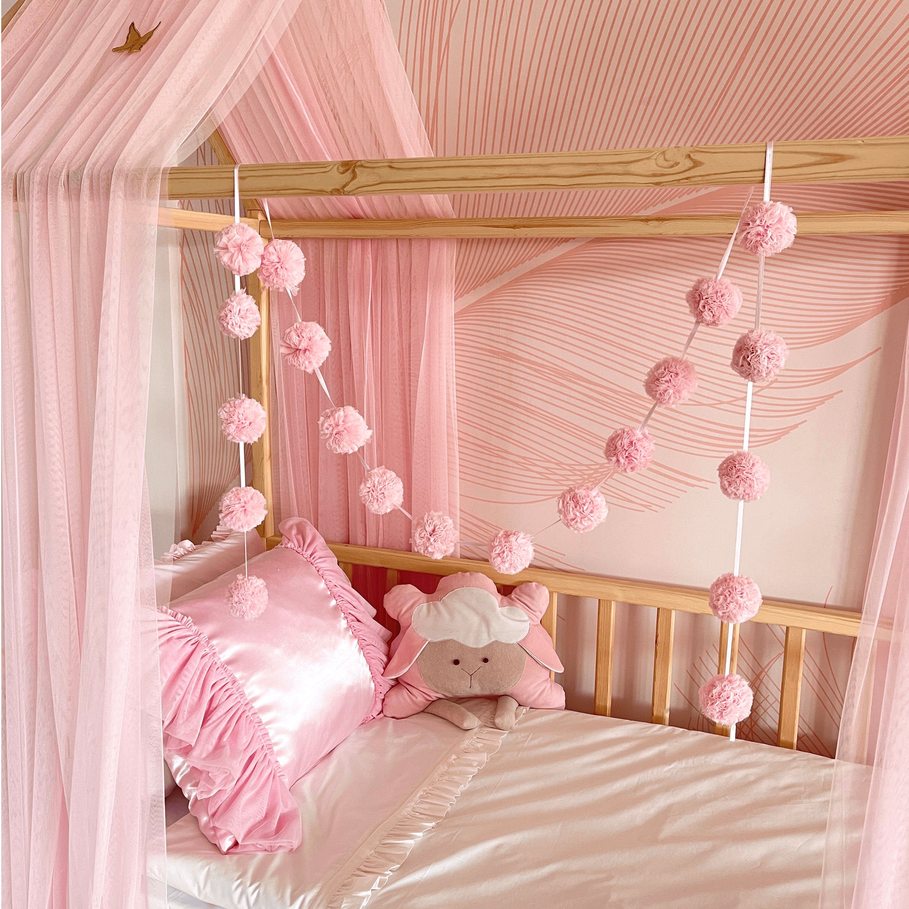 Baby Fancyroom Betthimmel Set), Hausbett Betthimmel Stück mit Stück Hausbett rosa Montessori Baldachin, Betthimmel Kinderbett Himmel 20er und Set 380cm 2 Deko Tüll 2 Kinder Montessori (3-tlg. Baldachin Betthimmel, einer Moskitonetz Pomponkette, 340cm Betthimmel für