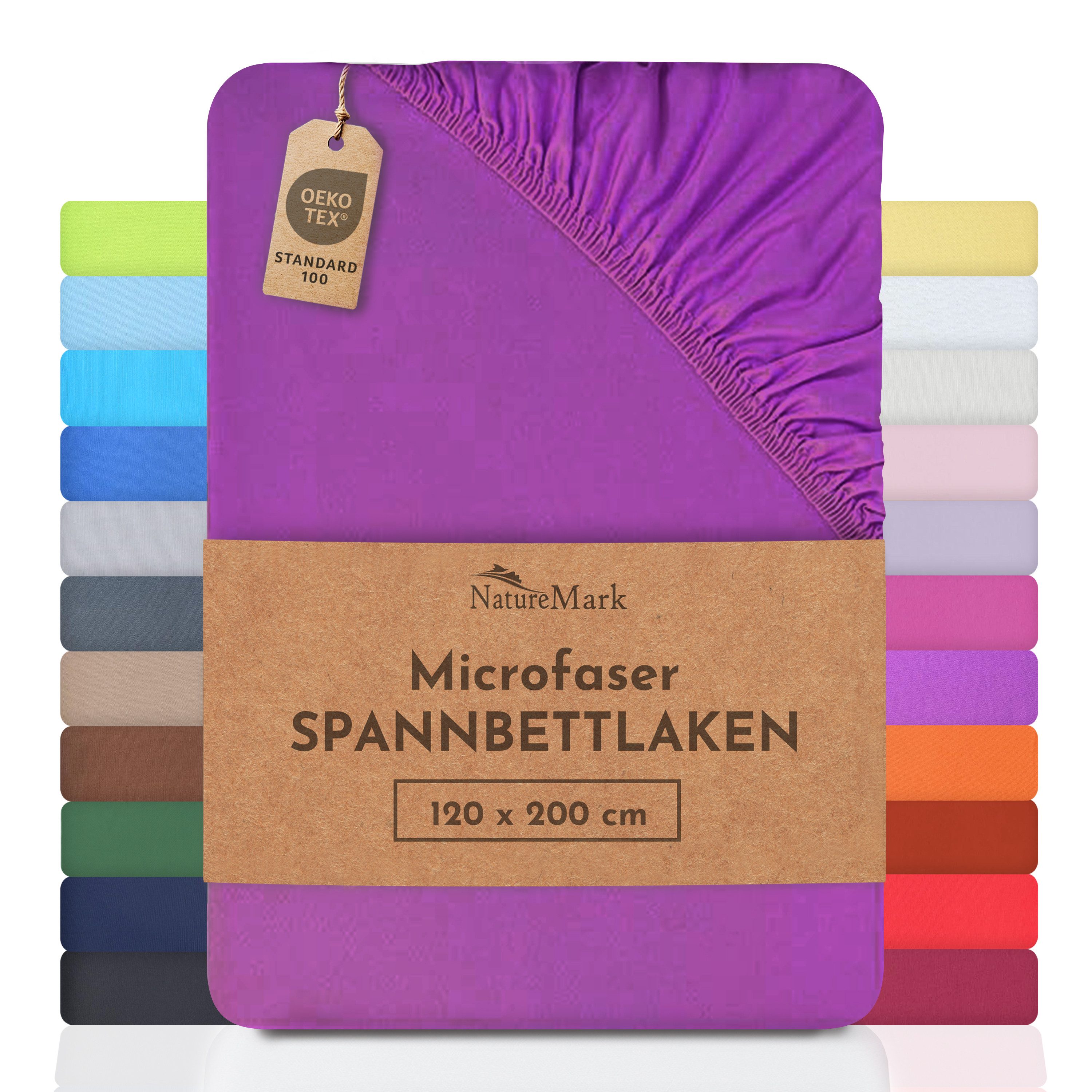 NatureMark Spannbettlaken Mikrofaser Spannbetttuch, Polyester, Gummizug: rundum, viele Größen und Farben Markenware, 200x220 cm, Lila