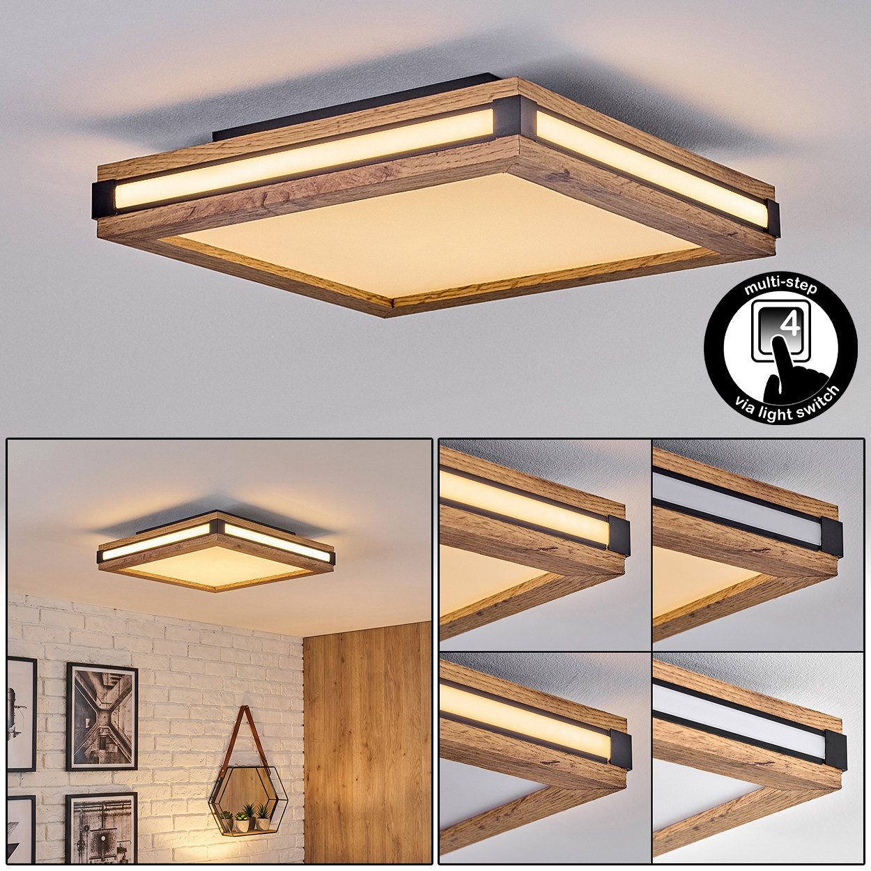 hofstein Panel Deckenpanel aus Metall/MDF/Kunststoff in Schwarz/Holzoptik/Weiß, Deckenleuchte m. Memory-Funktion, LED 12 Watt, 1380 Lumen, 3000 Kelvin