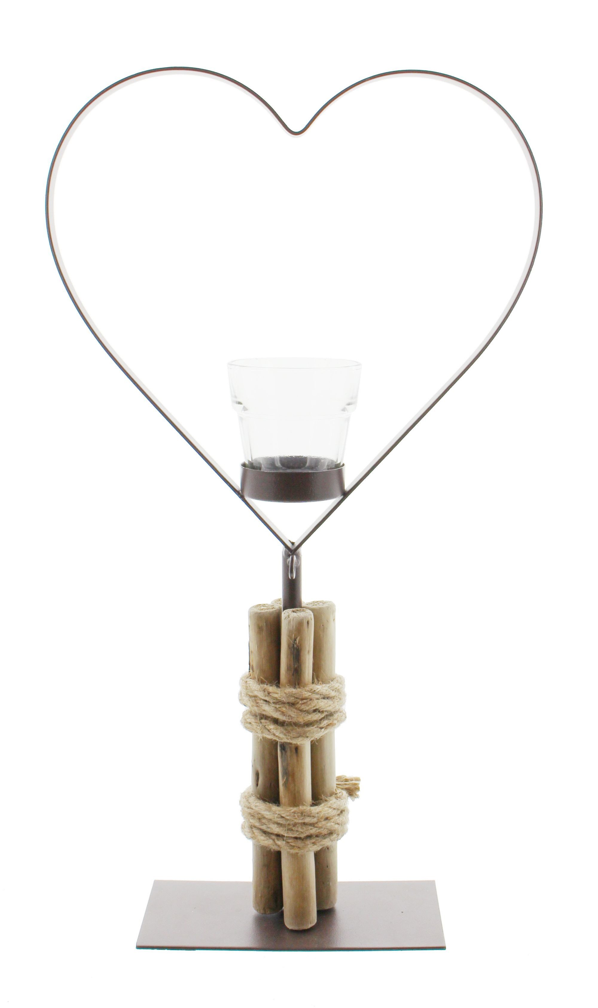 Dekoleidenschaft Teelichthalter großes Herz aus Metall mit Glas-Windlicht, 45 cm hoch, Hochzeitsdeko (1 St), Sockel mit Treibholz, Teelichtständer, Dekoherz, Tischdeko, Herzdeko