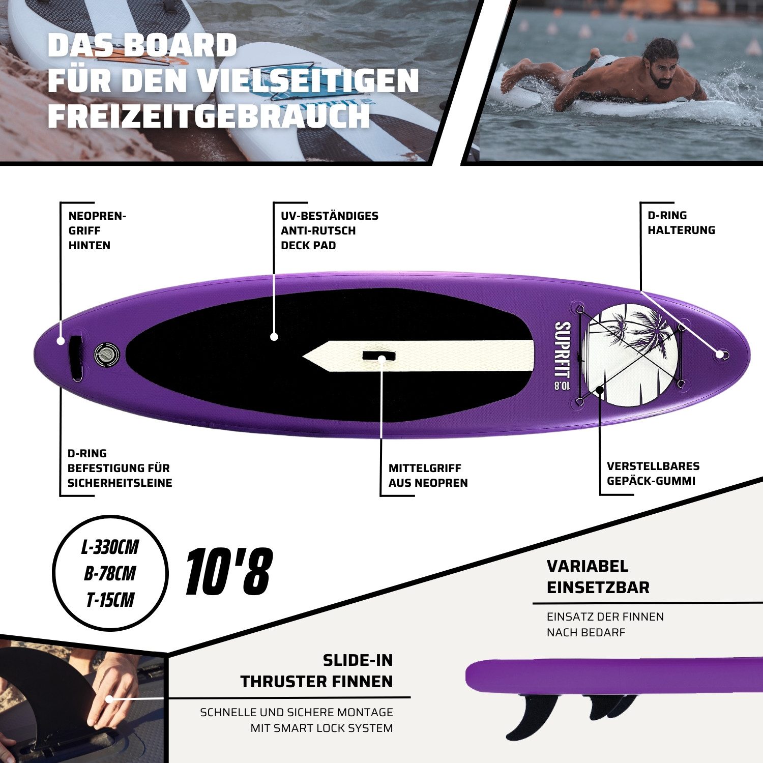 SF SUPRFIT SUP-Board Stand-Up-Paddling Board Halia Purple, Touring, SUP Board, Rucksack, Paddel, Luftpumpe, Leash, 3 Finnen, Reparatur Set – Bild 2 von 5