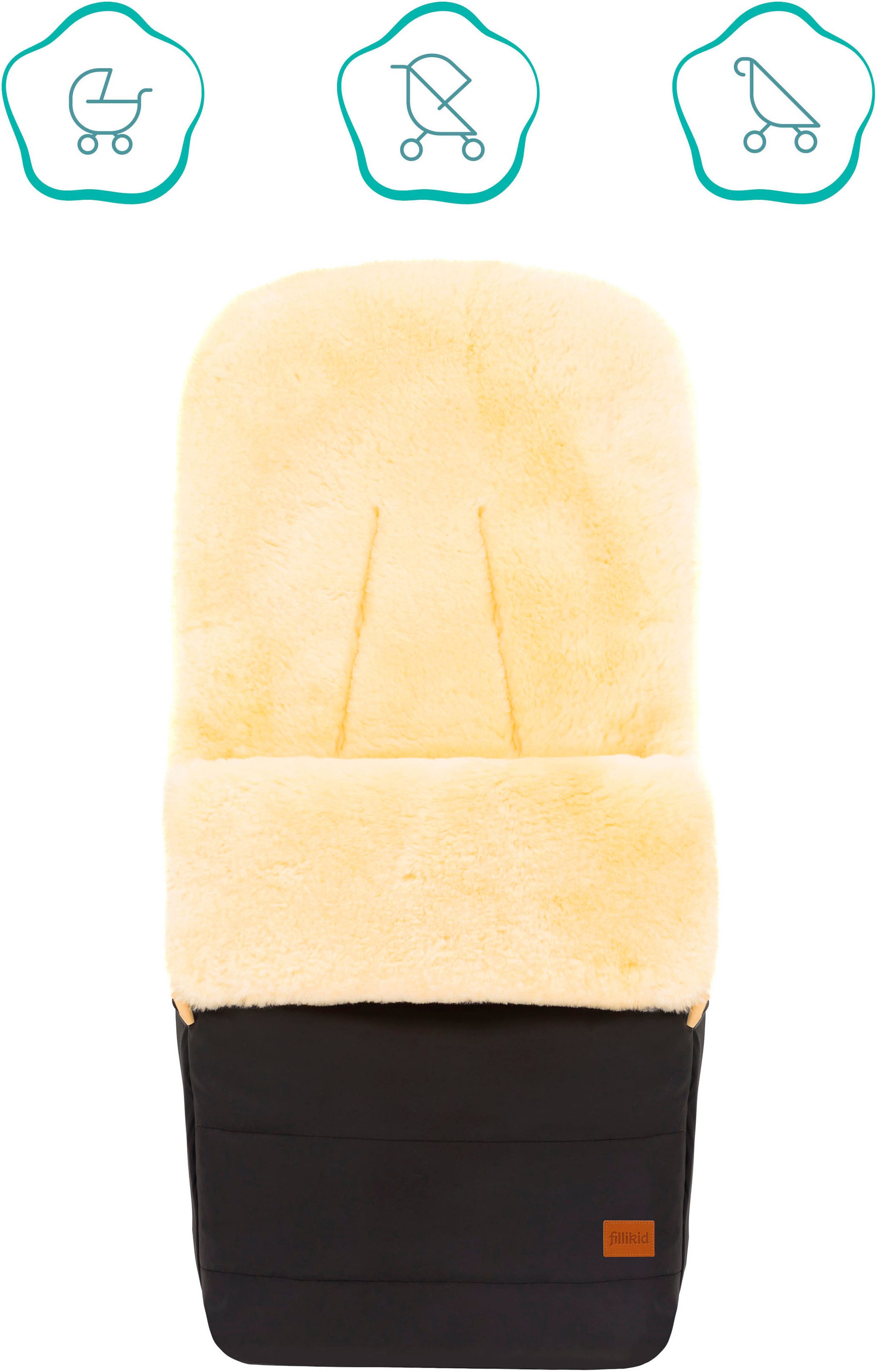 Fillikid Fußsack Bernina Reflect, Lammfell schwarz, Winterfußsack, Außenmaterial aus komplett reflektierendem Stoff