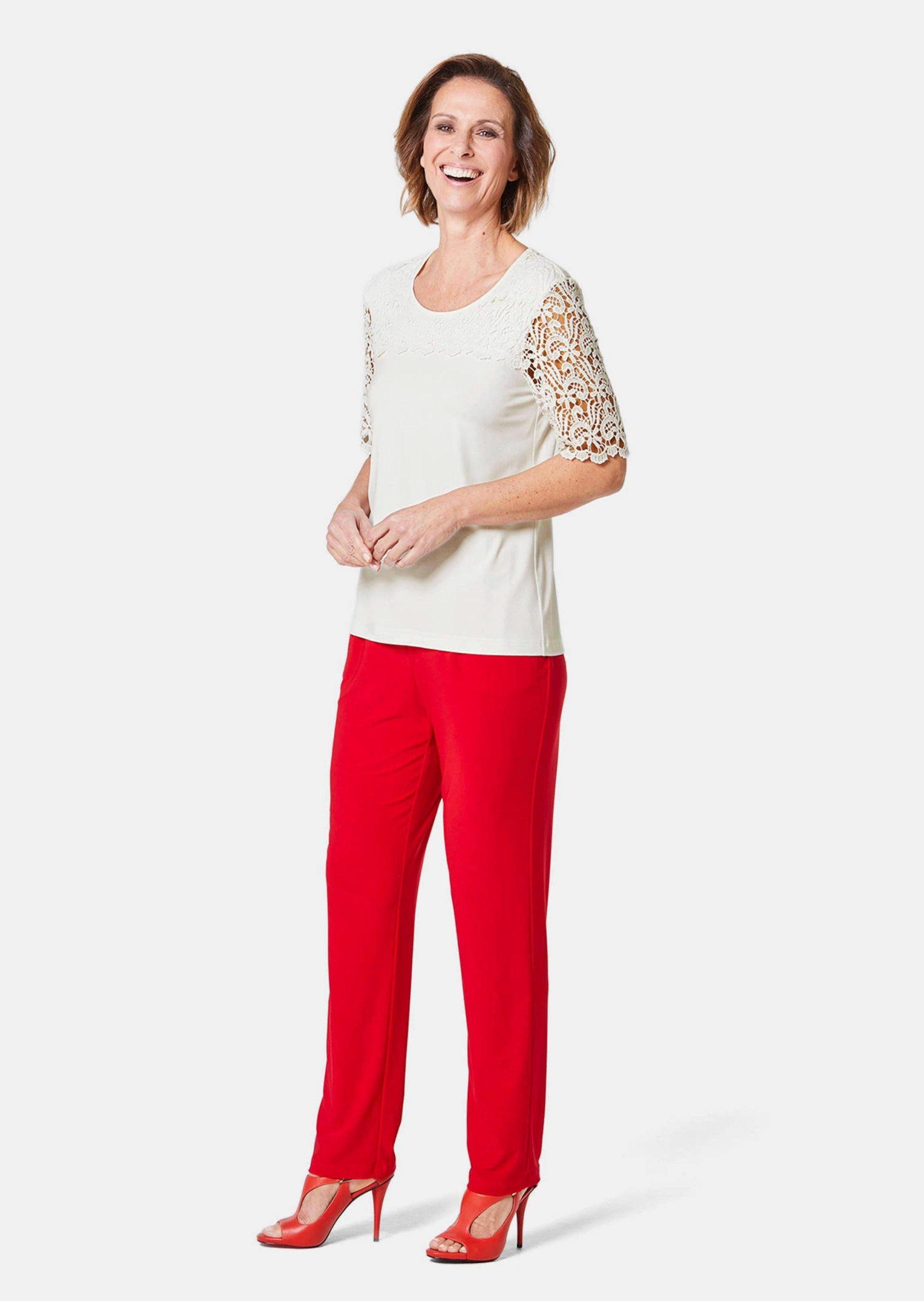 GOLDNER T-Shirt Viskose-Blusenshirt mit Spitze Viskoseshirt mit Rundhals, elastischem Saum und Langarm