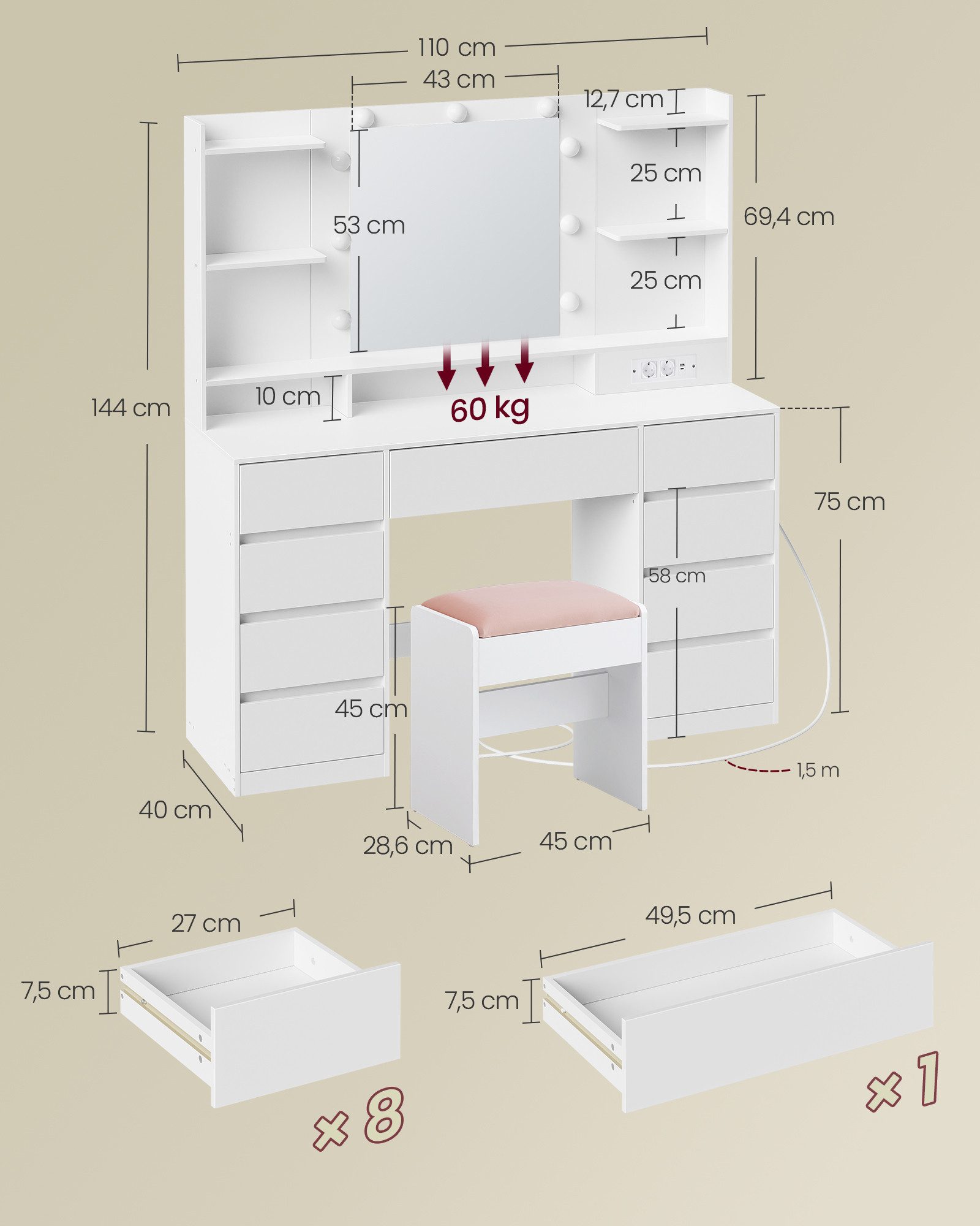 VASAGLE Schminktisch Kosmetiktisch mit Spiegel und 9 dimmbare Glühbirnen, 3 Lichtfarben (1 Tisch mit 1 Hocker), 40 x 107 x 144 cm (T x B x H), 9 Schubladen, müh – Bild 2 von 5