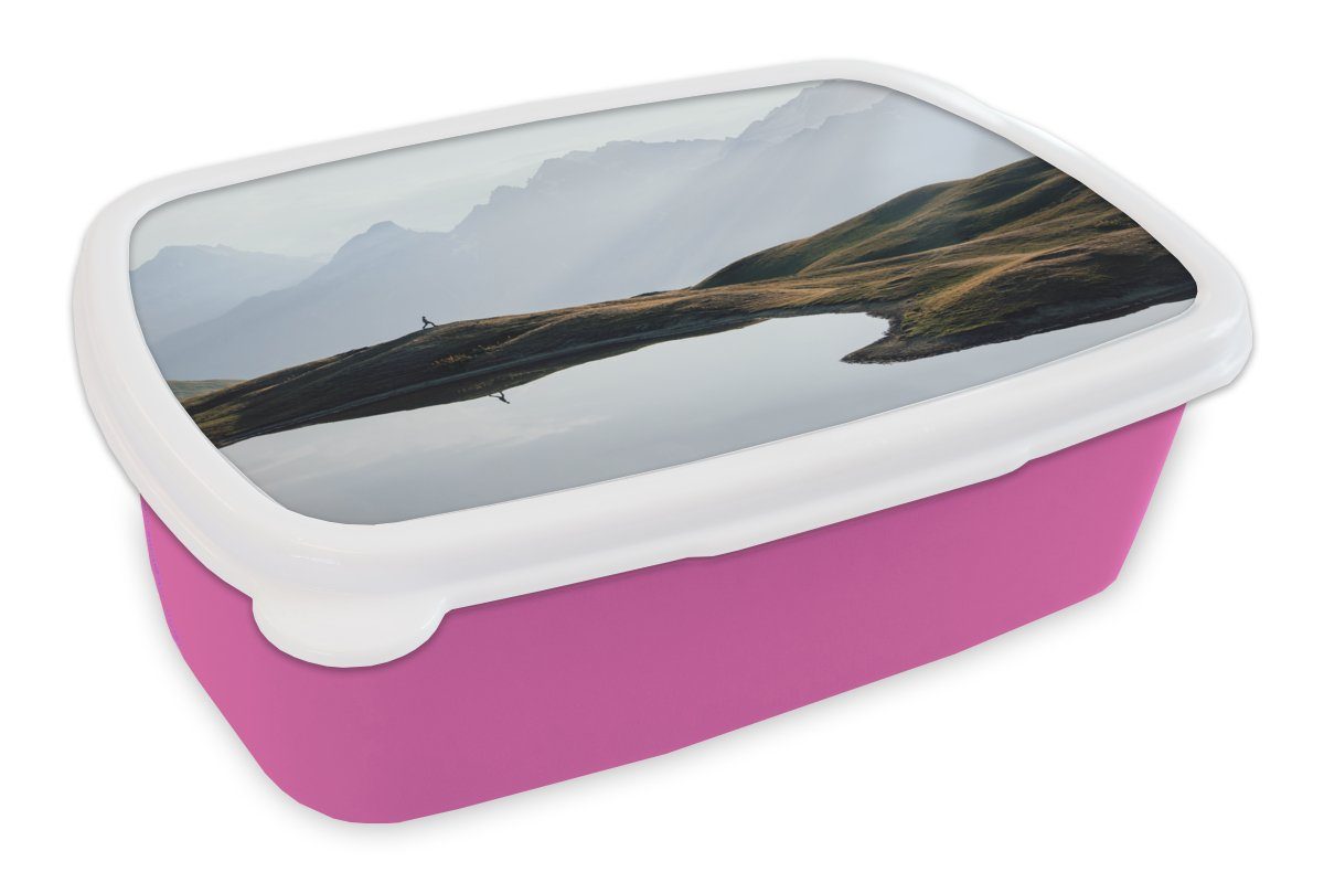 MuchoWow Lunchbox Natur - Berge - Landschaft - See, Kunststoff, (2-tlg), Brotbox für Erwachsene, Brotdose Kinder, Snackbox, Mädchen, Kunststoff rosa