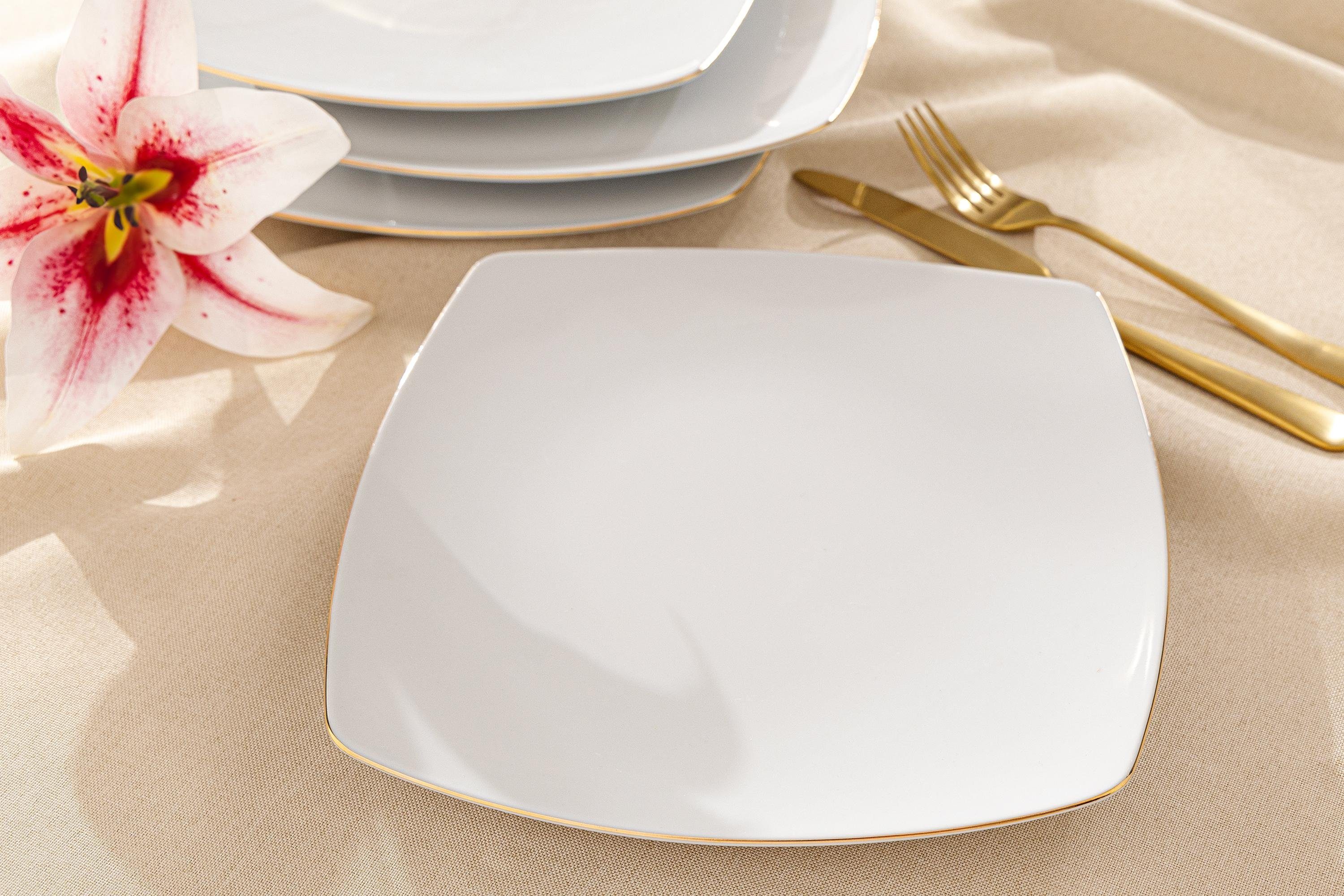 KONSIMO® Teller-Set CARLINA Speiseteller Geschirr-Set (6-tlg), 6 Personen, Porzellan, Handwäsche, quadratisch, Elegant