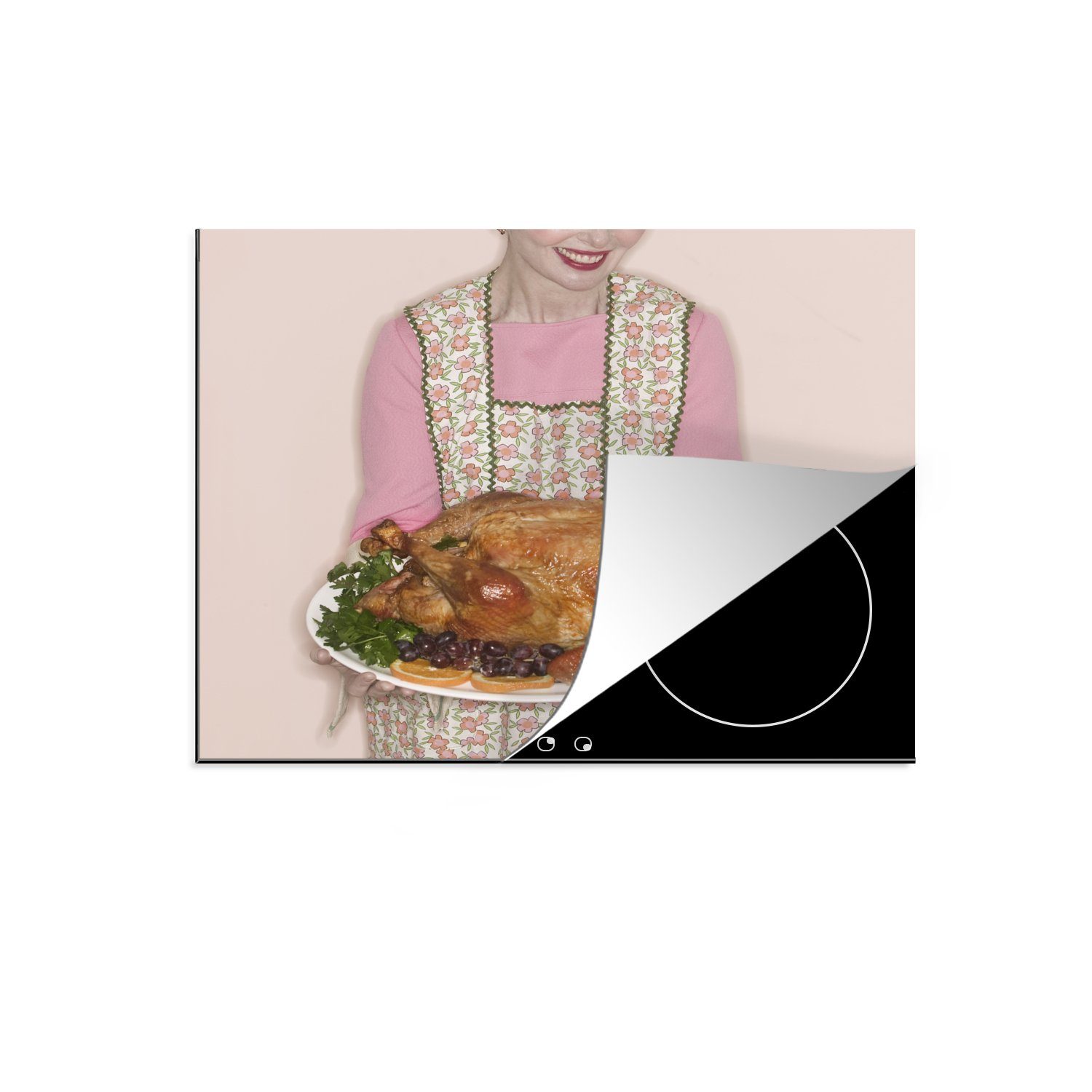 MuchoWow Herdblende-/Abdeckplatte Eine Frau mit einem Truthahn zum Thanksgiving-Dinner, Vinyl, (1 tlg), 57x51 cm, Induktionsschutz, Induktionskochfeld, Ceranfeldabdeckung