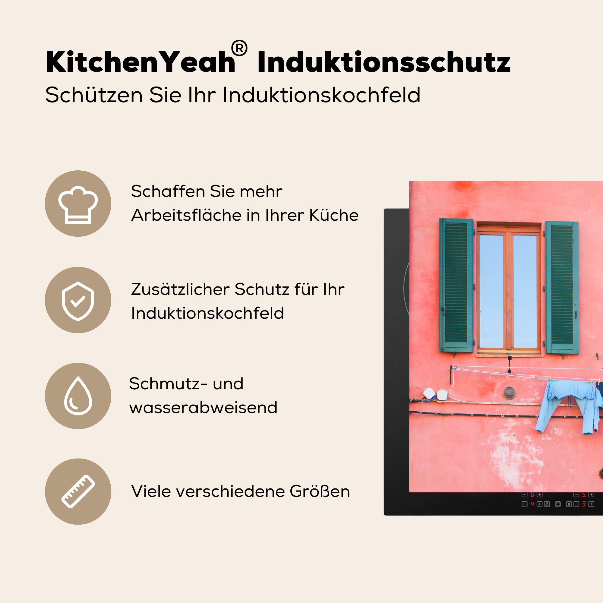 MuchoWow Herdblende-/Abdeckplatte Grüne Vinyl, tlg), (1 Wand an cm, Fensterläden für küche mit Arbeitsplatte Ceranfeldabdeckung, 78x78 Wäscheleine, orangefarbener
