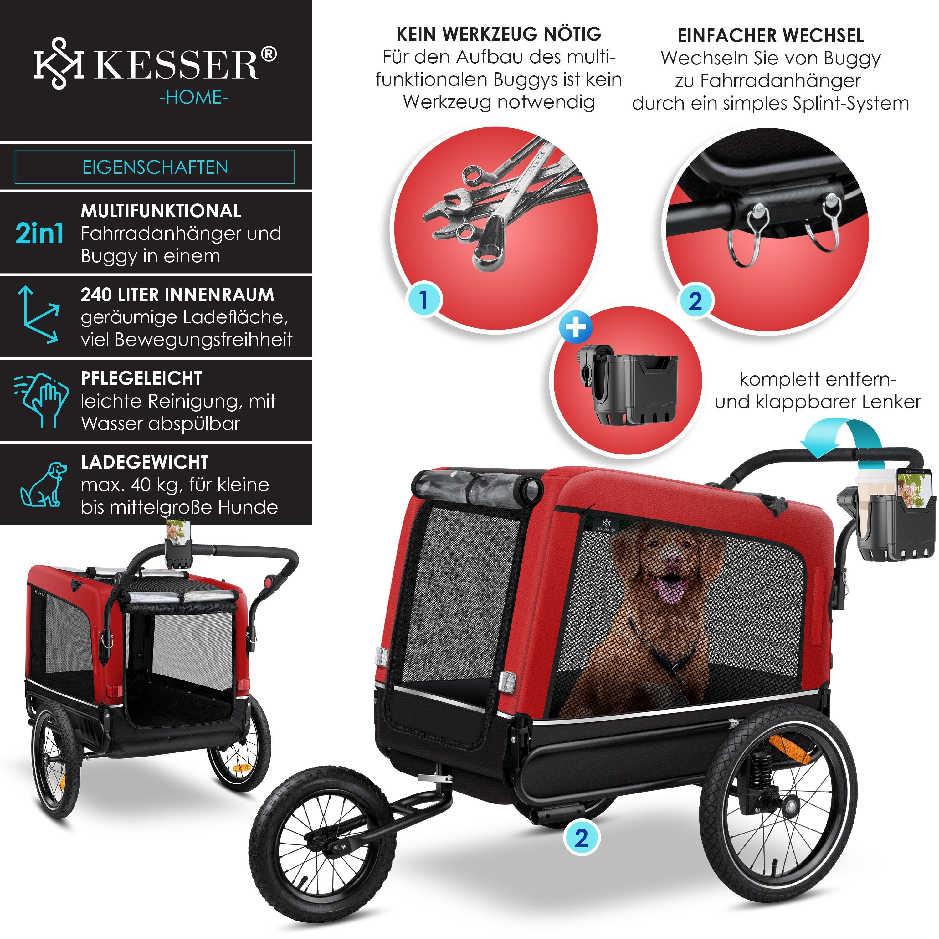 KESSER Fahrradhundeanhänger, Hundeanhänger Boxer 3-in-1 Hundebuggy Jogger Fahrradanhänger
