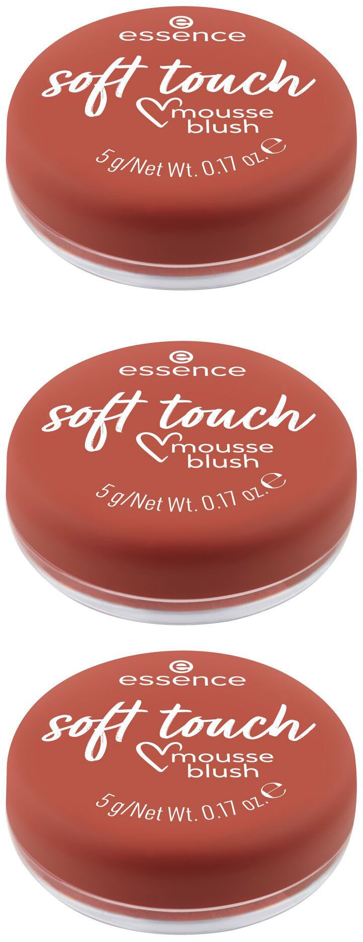 Essence Rouge soft touch mousse blush, 3-tlg., Ebenmäßiger und matter Look, zartes Puder-Finish, variable Deckkraft.