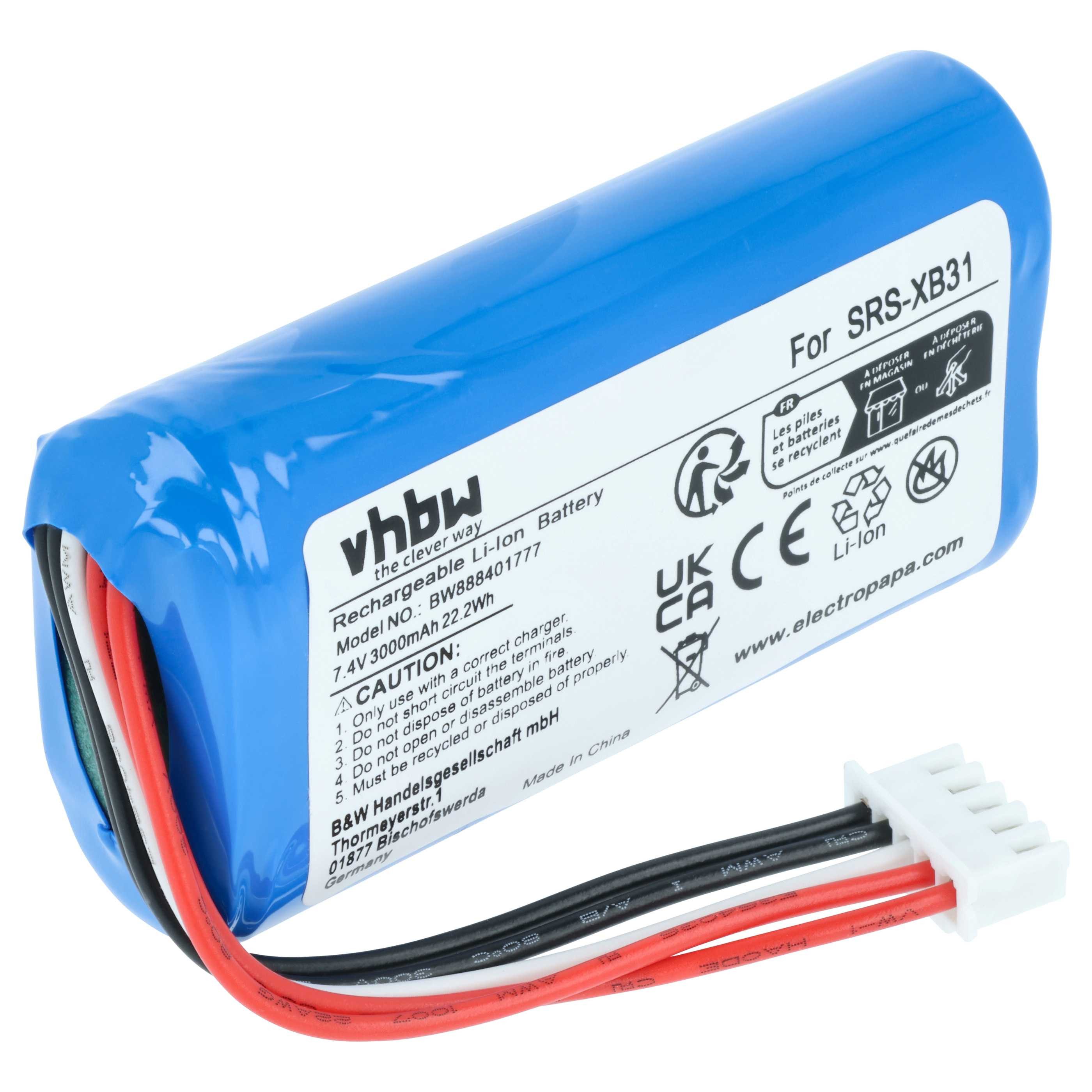 vhbw Akku passend für Sony SRS-XB33, SRS-XB31 Lautsprecher (3000 mAh, 7,4 Akku Akku Li-Ion 3000 mAh (7,4 V, 1 St), Leistungsfähiger Austausch-Akku für Outdoor Lautsprecher