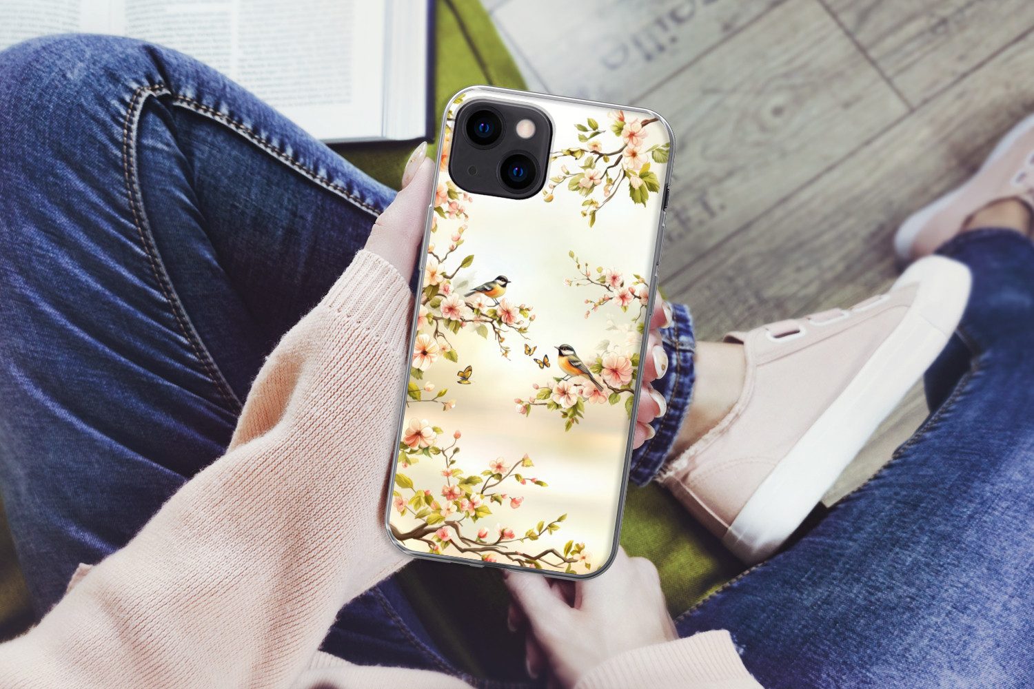 MuchoWow Handyhülle für Apple iPhone 13 Äste - Blumen - Vögel - Rosa, Smartphone-Bumper, Print, Handy Schutzhülle Dünn