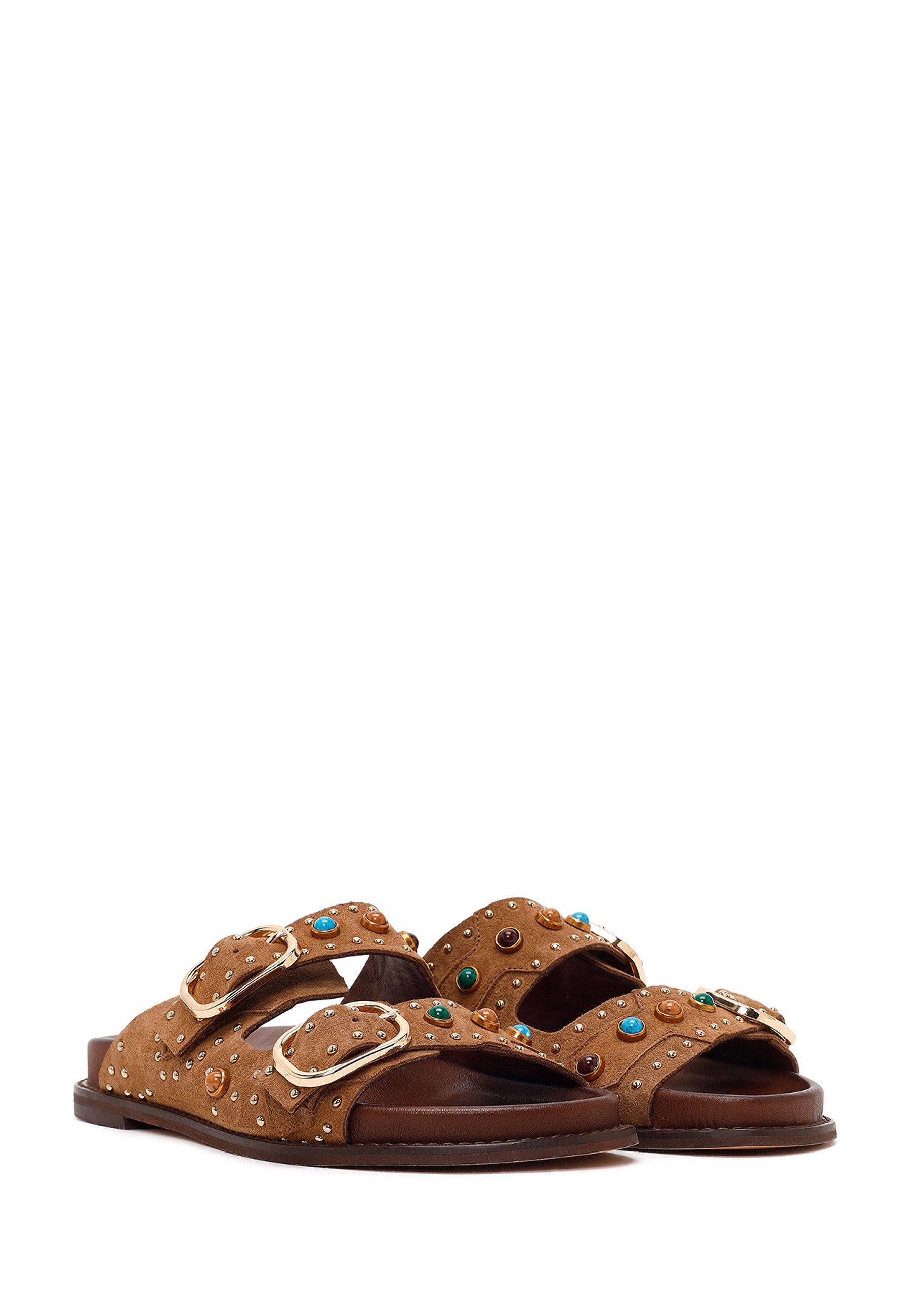 Derimod Pantoletten aus Veloursleder Mules Echtes Leder, Schlupfdesign, TPU-Sohle, Nietenverzierung