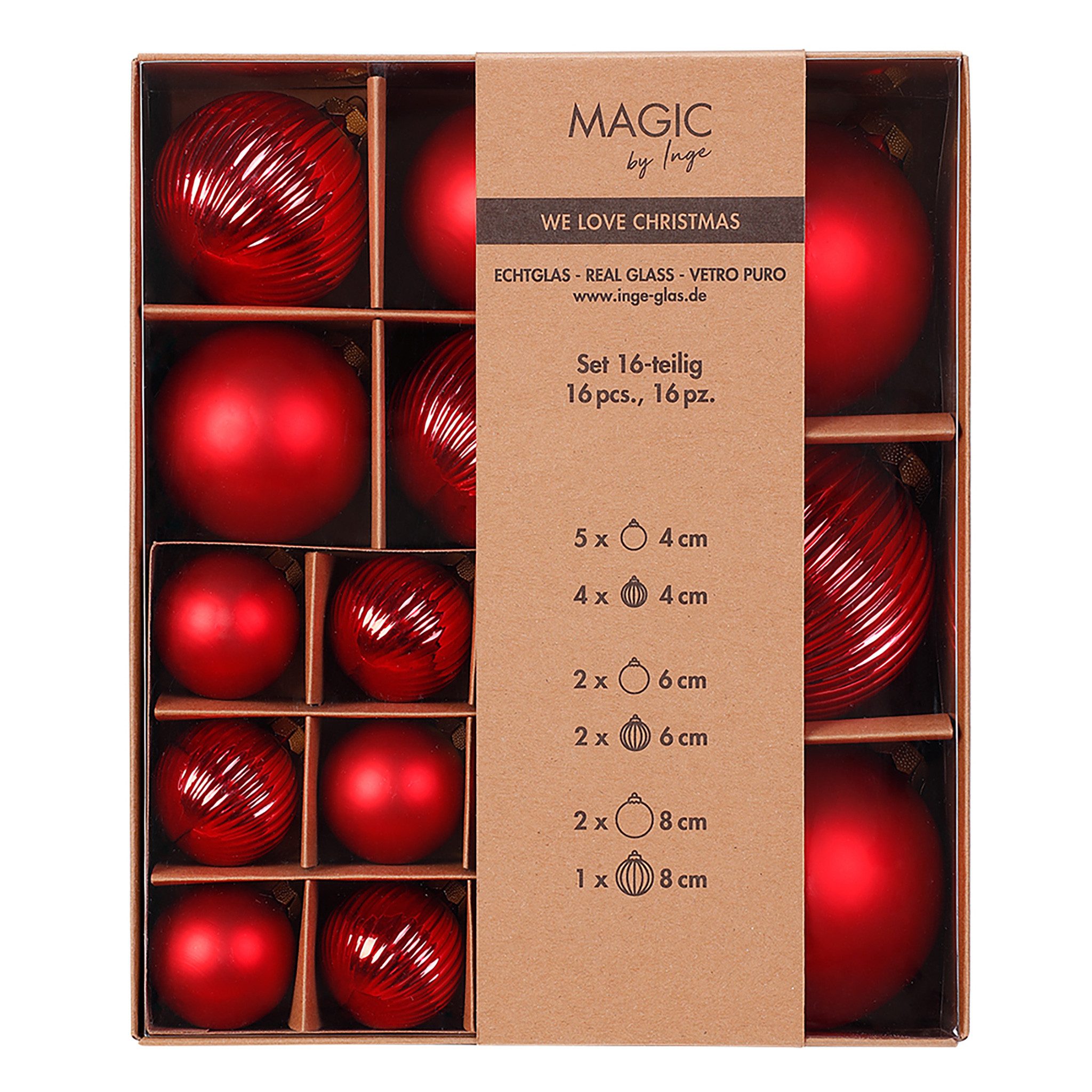MAGIC by Inge Weihnachtsbaumkugel, Новогодние шары Glas 4-8cm Mix gerillt 16er Set - Merry Red