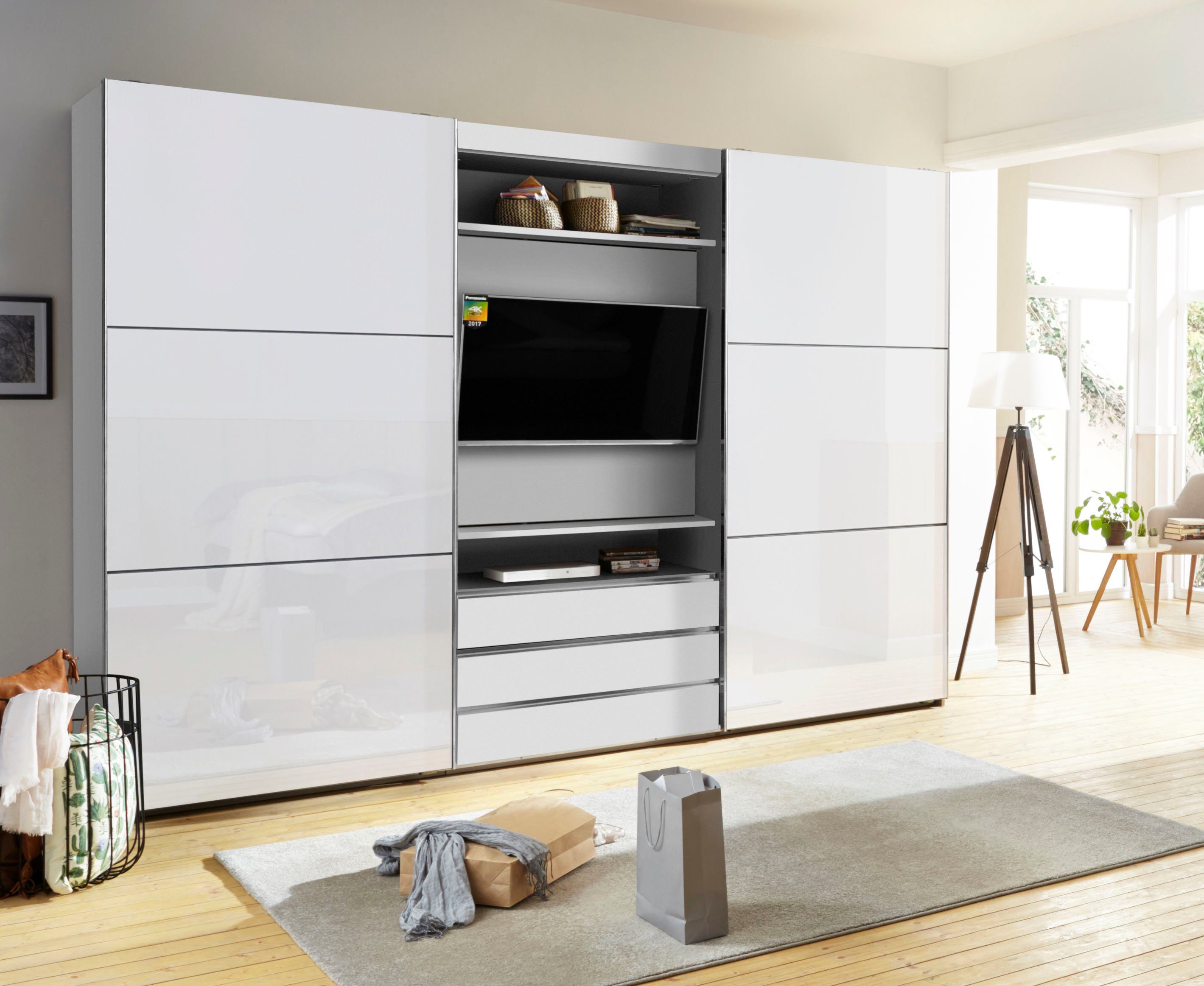 Fresh Go Außentüren To Schwebetürenschrank Magic TV-Element drehbaren mit Weißglas weiß,