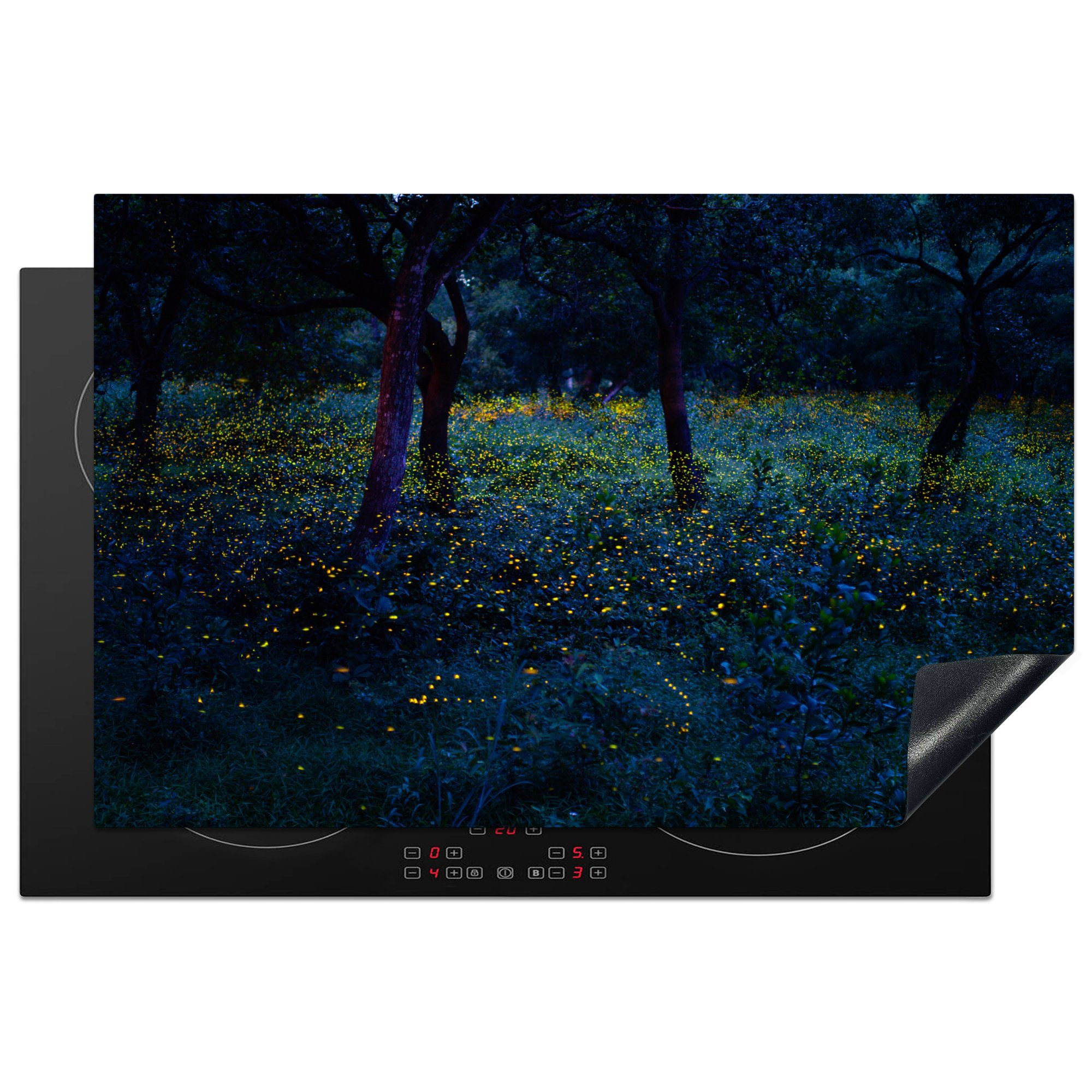 MuchoWow Herdblende-/Abdeckplatte Wunderschöne Glühwürmchen erhellen Thailands schöne grüne Wälder, Vinyl, (1 tlg), 81x52 cm, Induktionskochfeld Schutz für die küche, Ceranfeldabdeckung