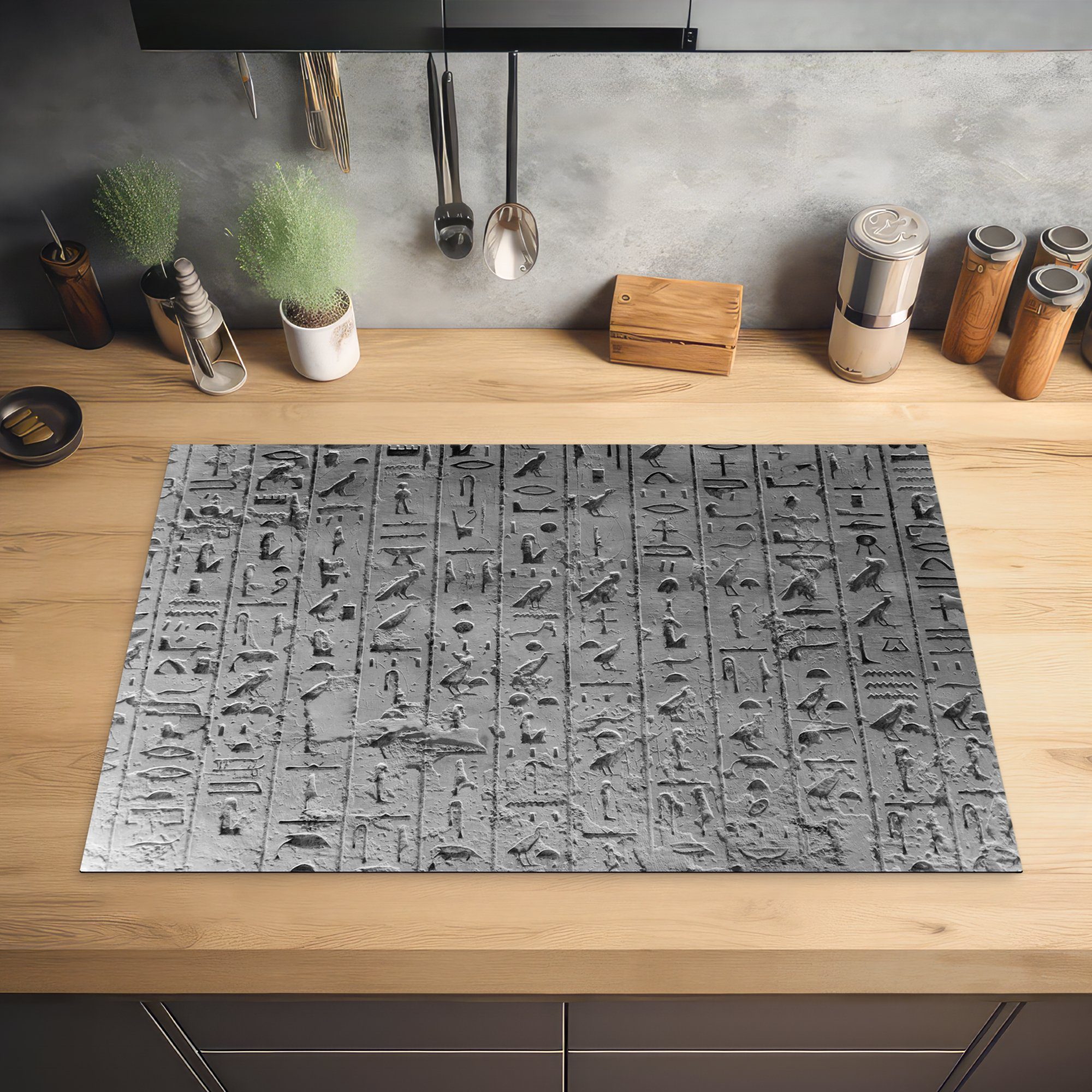 MuchoWow Herdblende-/Abdeckplatte Hieroglyphen Induktionskochfeld (1 die küche, cm, tlg), - für Ceranfeldabdeckung Schutz Schwarz Vinyl, Ägypten Weiß, 81x52 - 