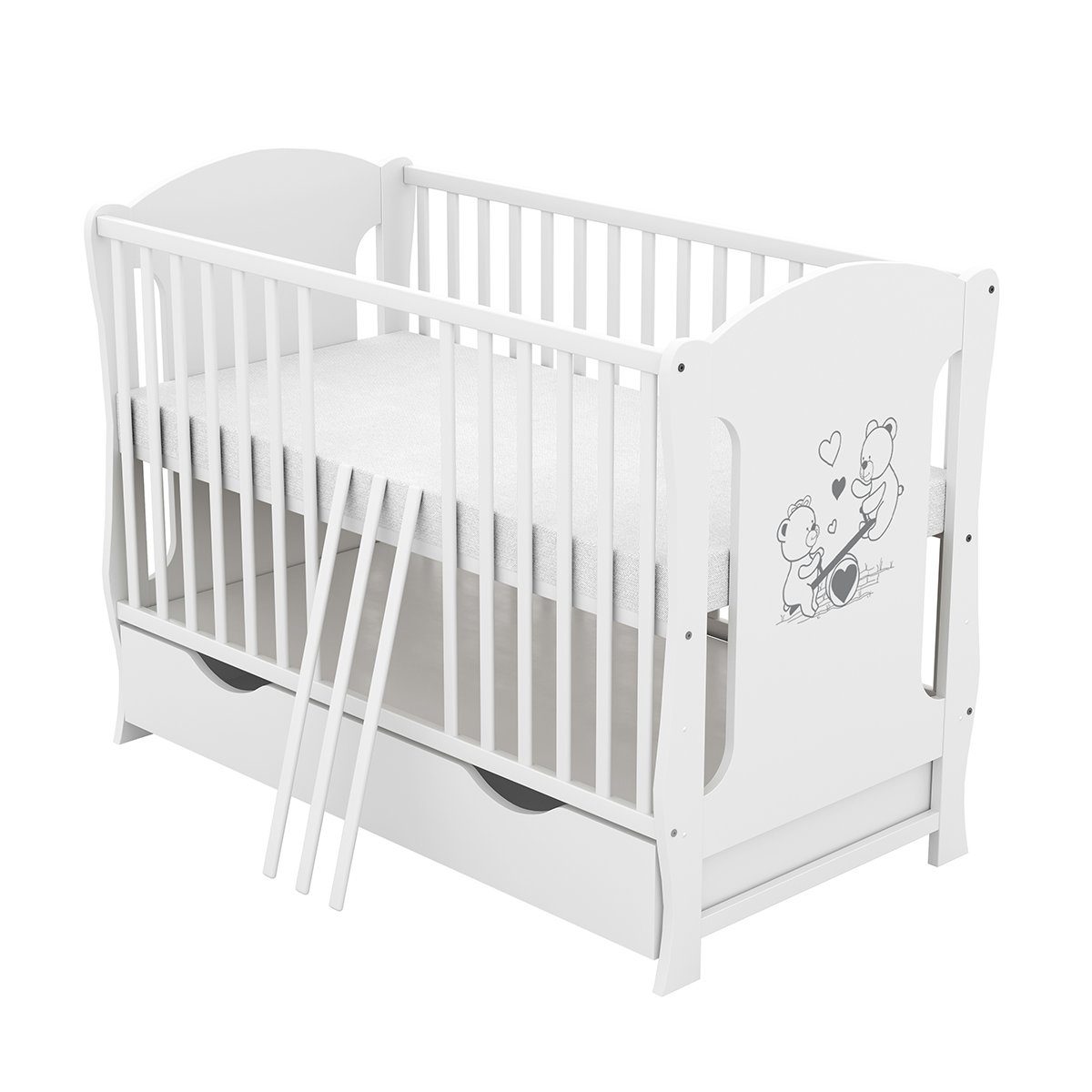 Baby-Delux Babybett Lia, Kinderbett 60x120 cm weiß Schublade Kiefer Teddy Wippe Motiv Matratze – Bild 3 von 5