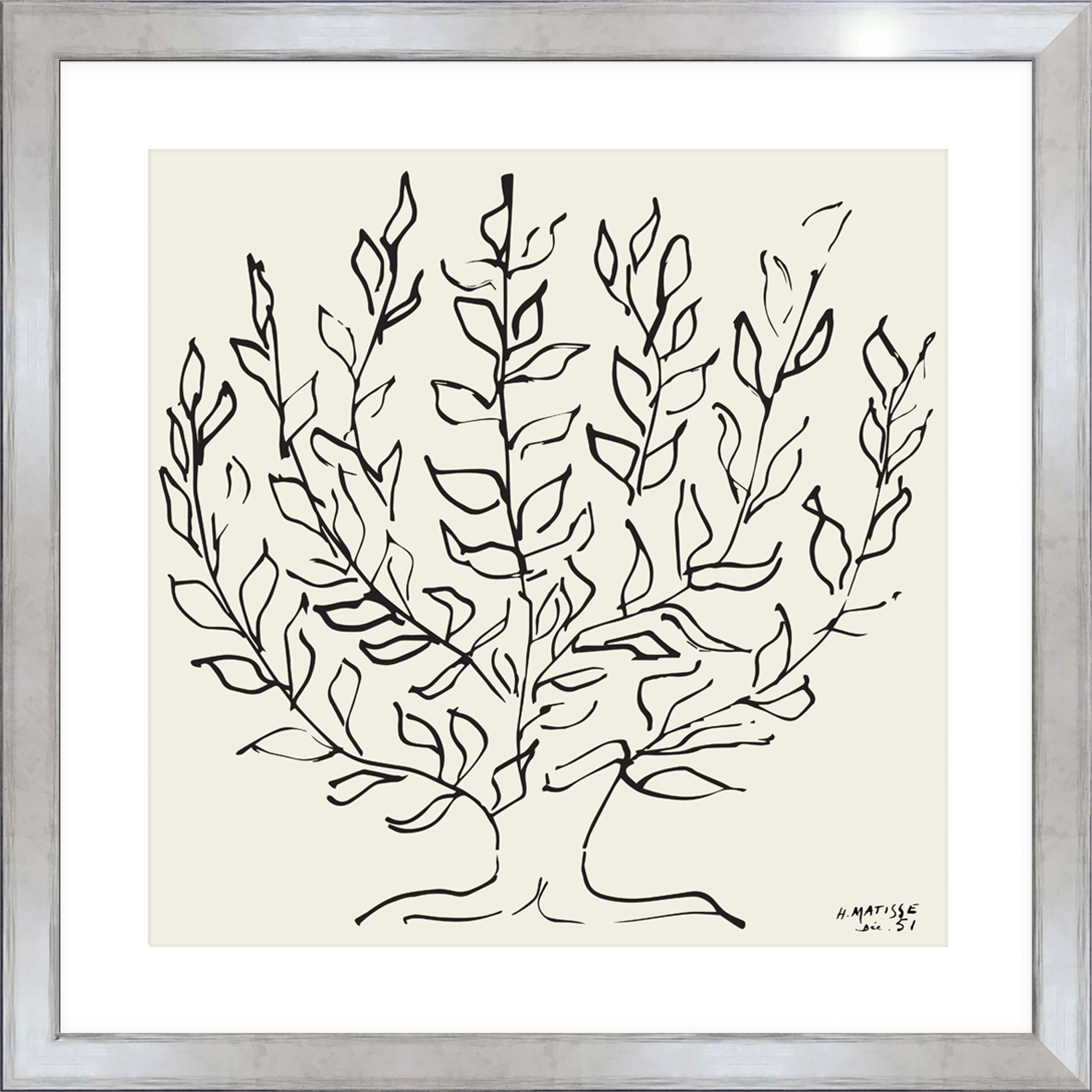 artissimo Bild mit Rahmen gerahmter Kunstdruck 53x53 cm / schwarz-weiß Zeichnung / Baum, Henri Matisse: Le Platane