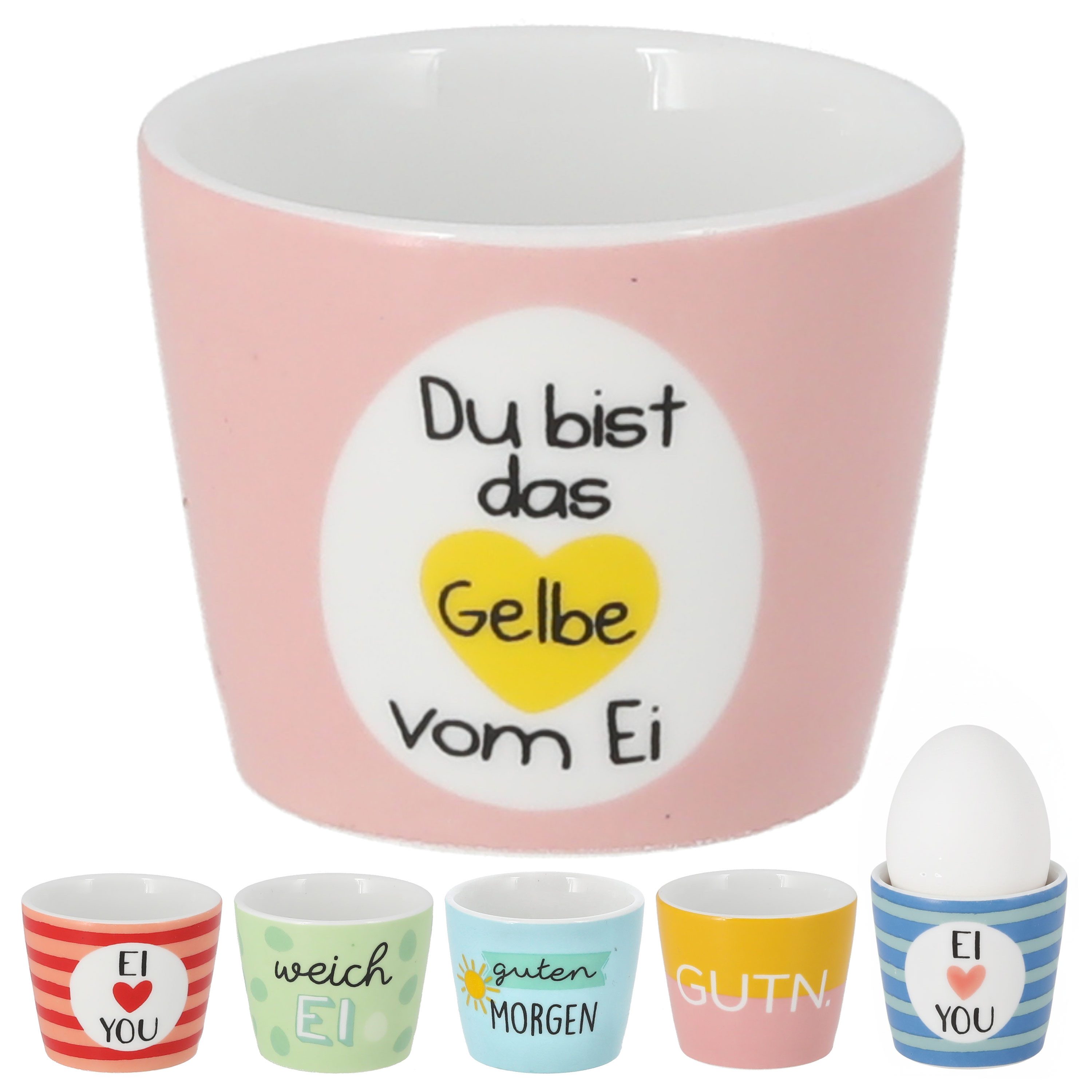 CEPEWA Eierbecher Eierbecher 6er Set 6 Motive Steingut bunt 5x4cm Gute Laune Sprüche